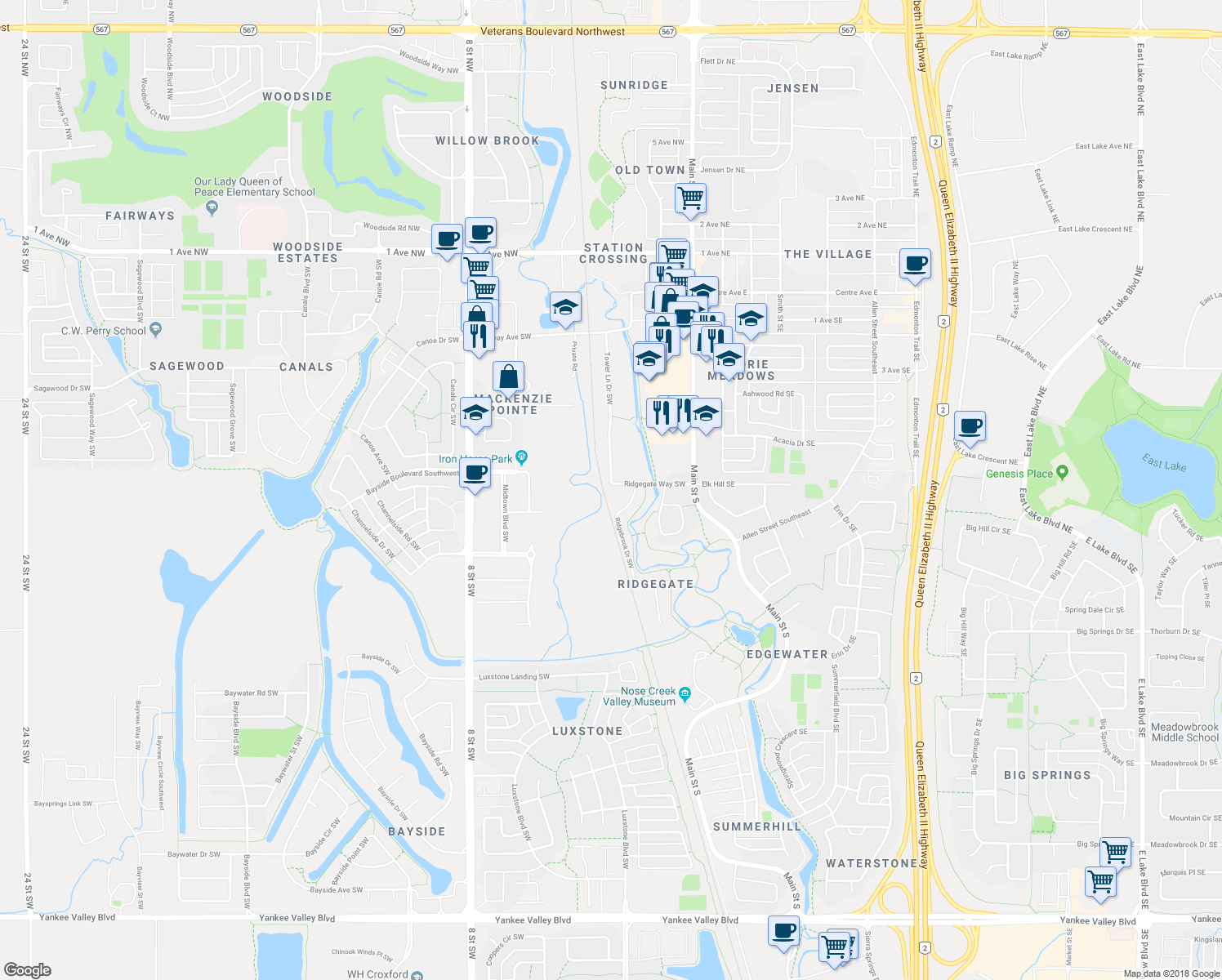 map of restaurants, bars, coffee shops, grocery stores, and more near 133 Ridgegate Way Southwest in Airdrie