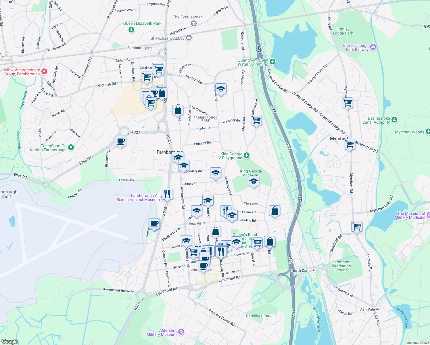 map of restaurants, bars, coffee shops, grocery stores, and more near Boundary Road in Hampshire