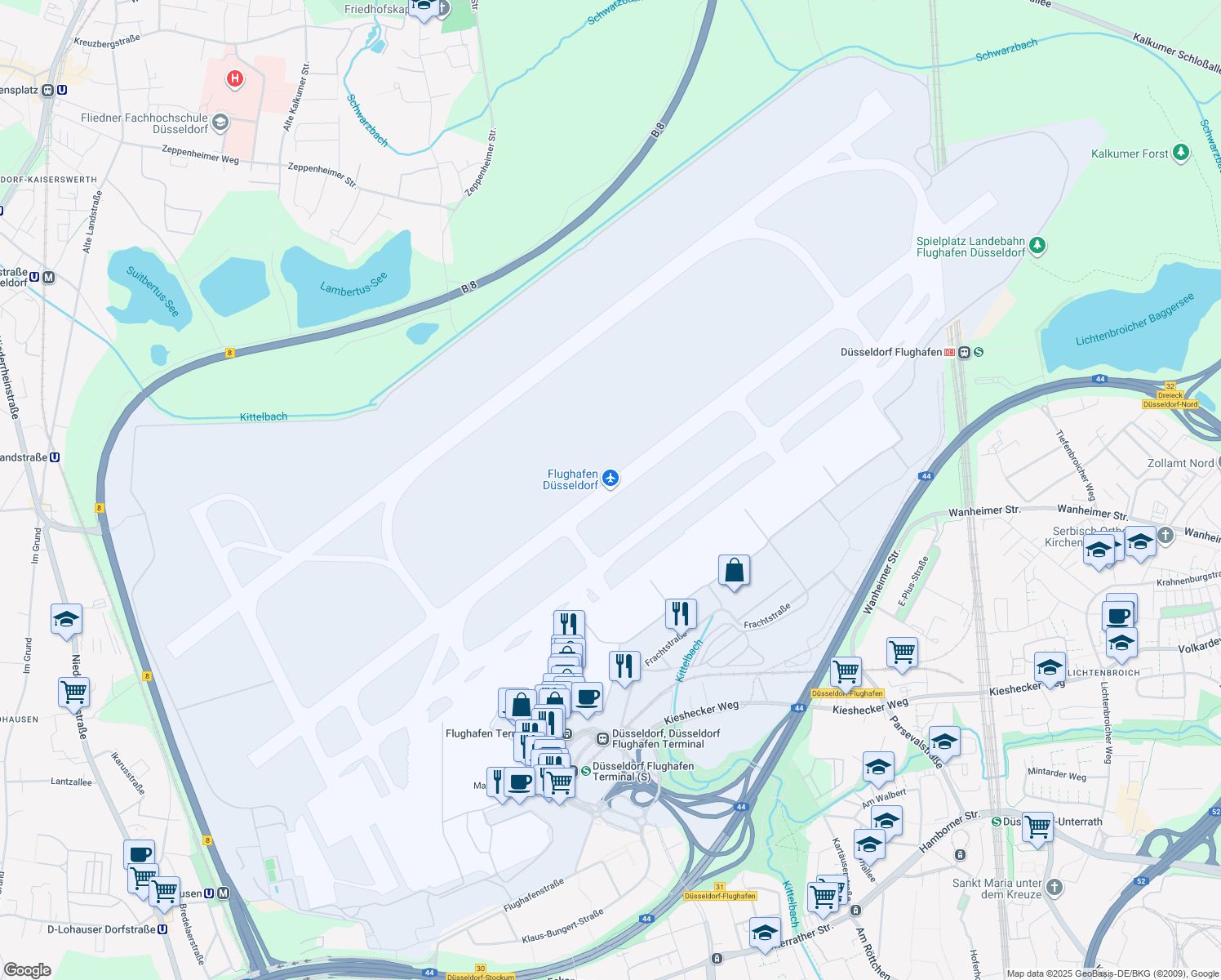 map of restaurants, bars, coffee shops, grocery stores, and more near 105 Flughafenstraße in Düsseldorf