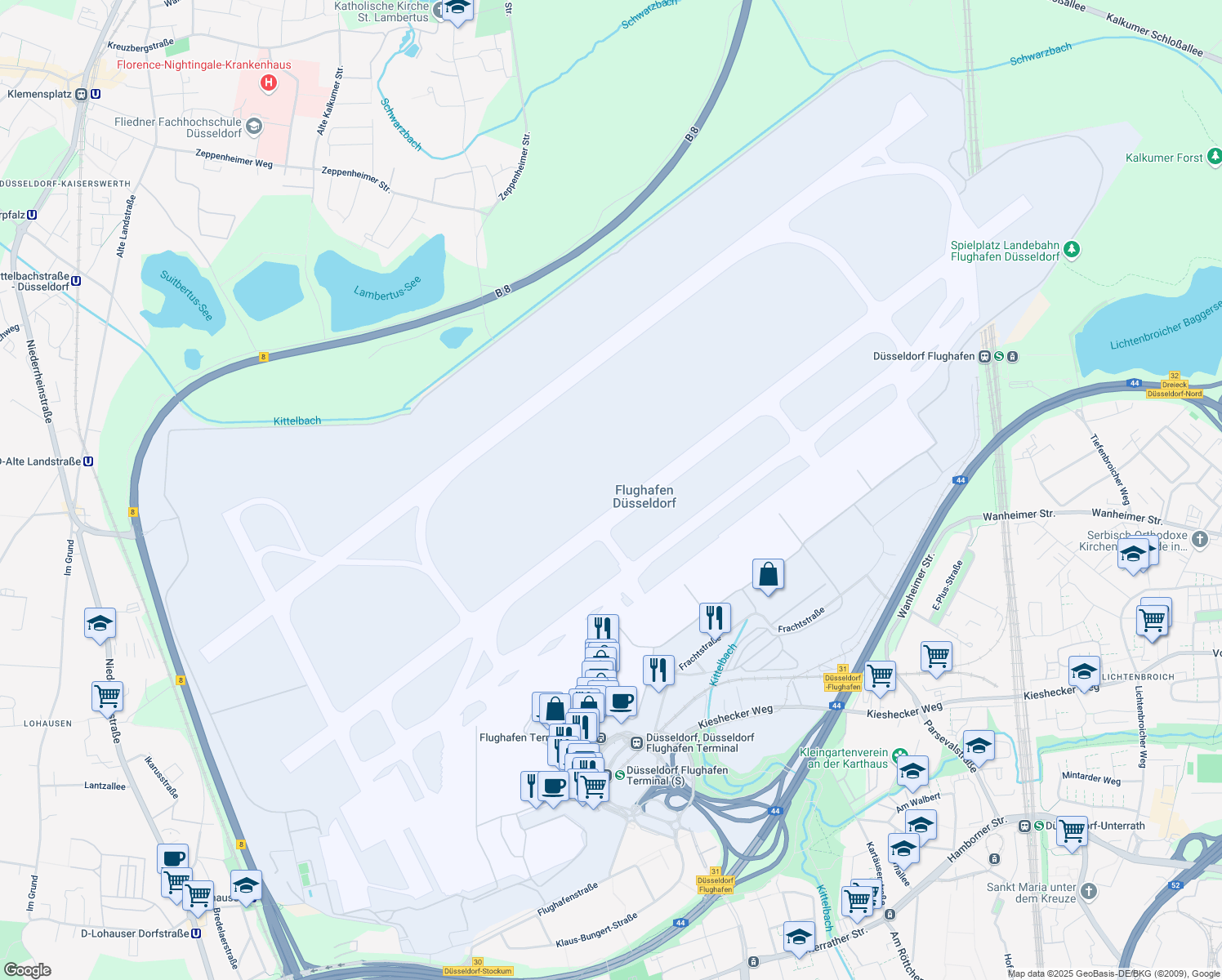map of restaurants, bars, coffee shops, grocery stores, and more near 105 Flughafenstraße in Düsseldorf