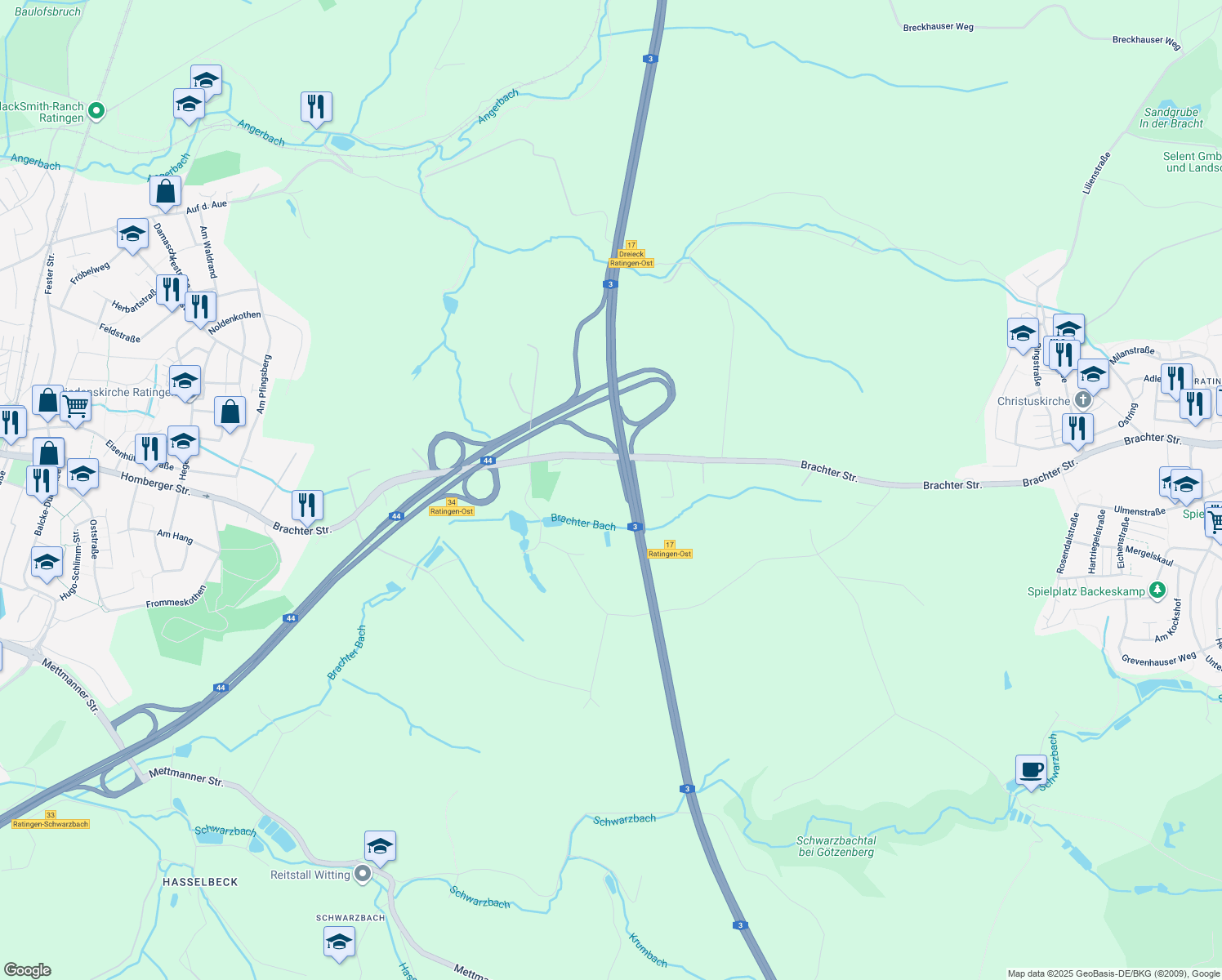 map of restaurants, bars, coffee shops, grocery stores, and more near 47 Brachter Straße in Ratingen