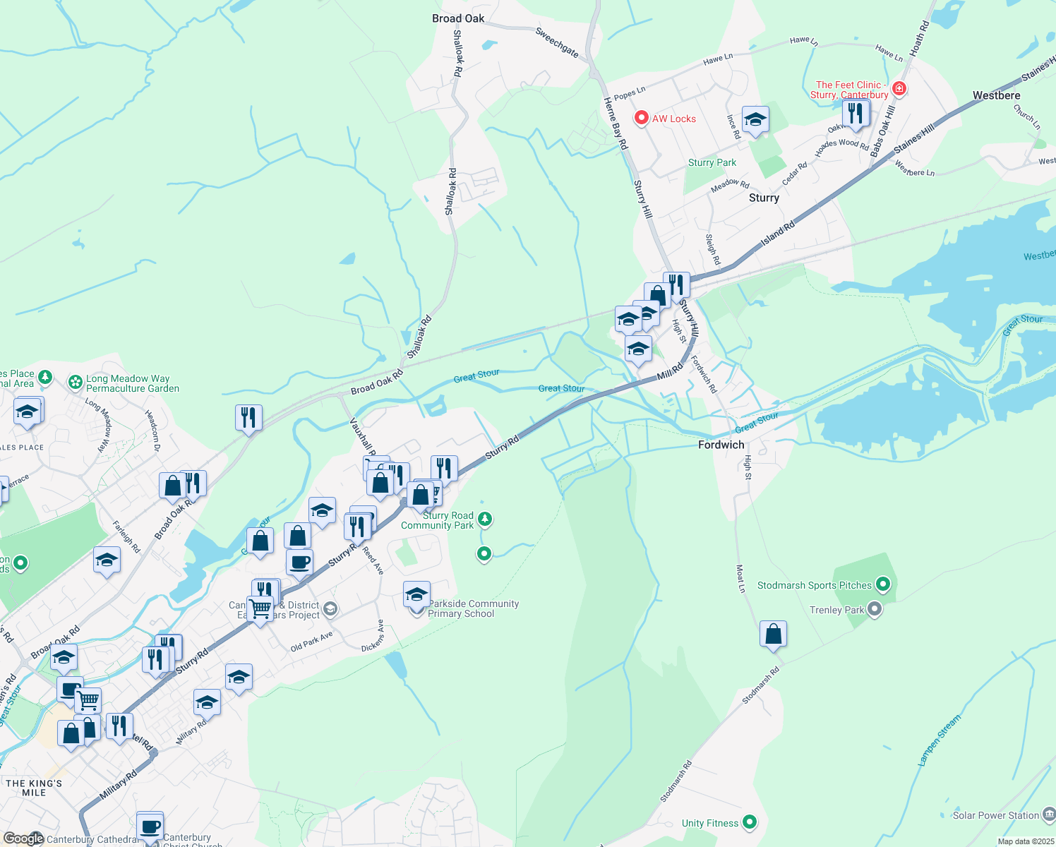 map of restaurants, bars, coffee shops, grocery stores, and more near Sturry Road in Kent
