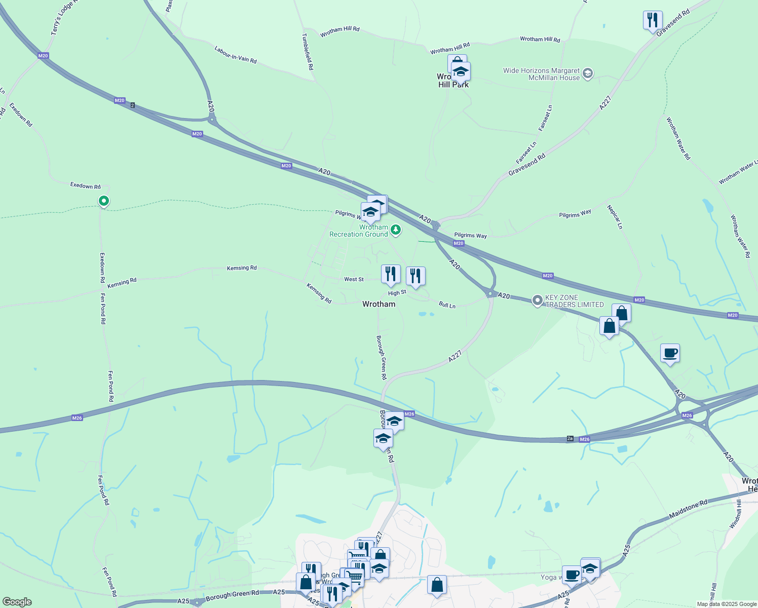 map of restaurants, bars, coffee shops, grocery stores, and more near in Wrotham