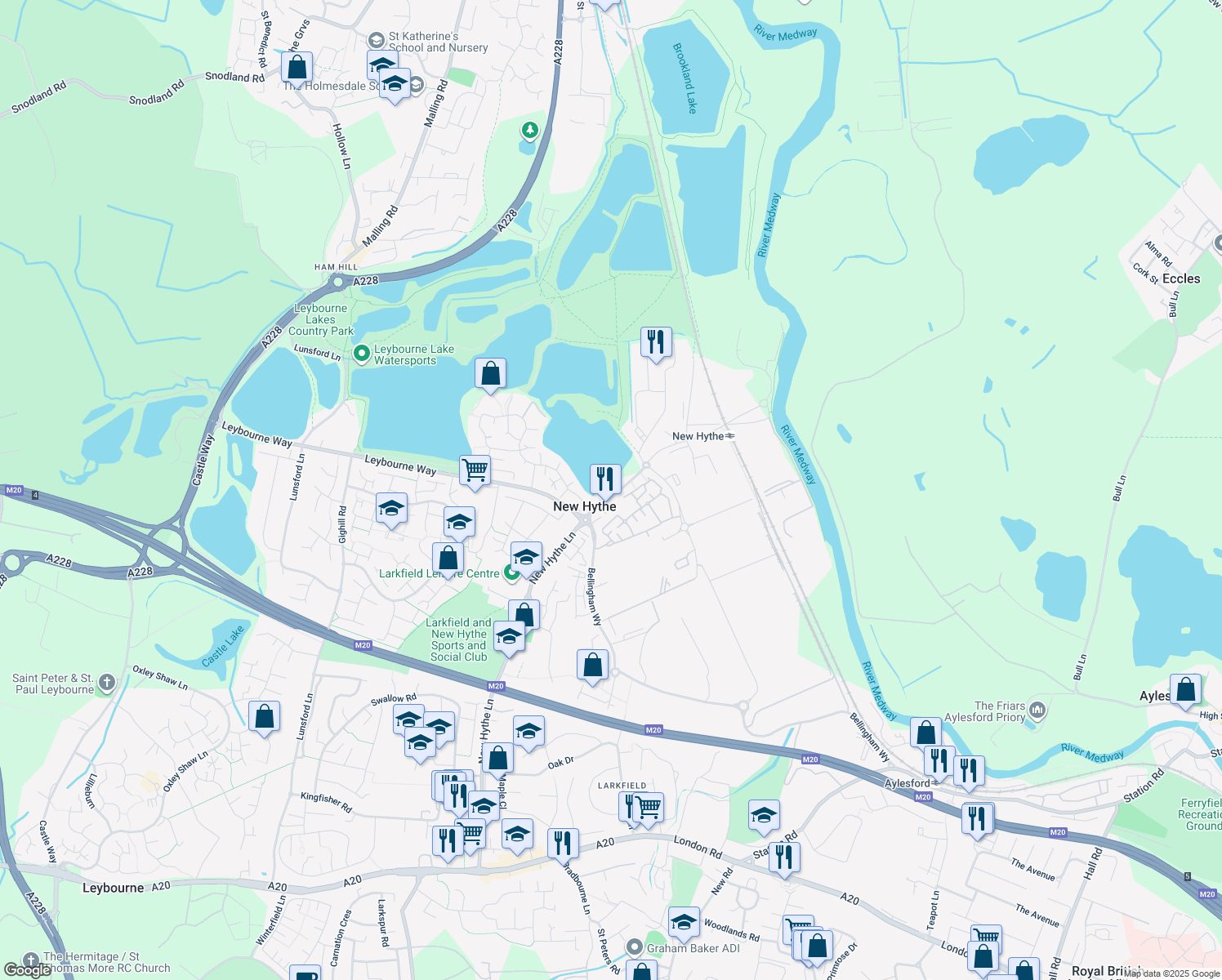 map of restaurants, bars, coffee shops, grocery stores, and more near New Hythe Lane in Kent