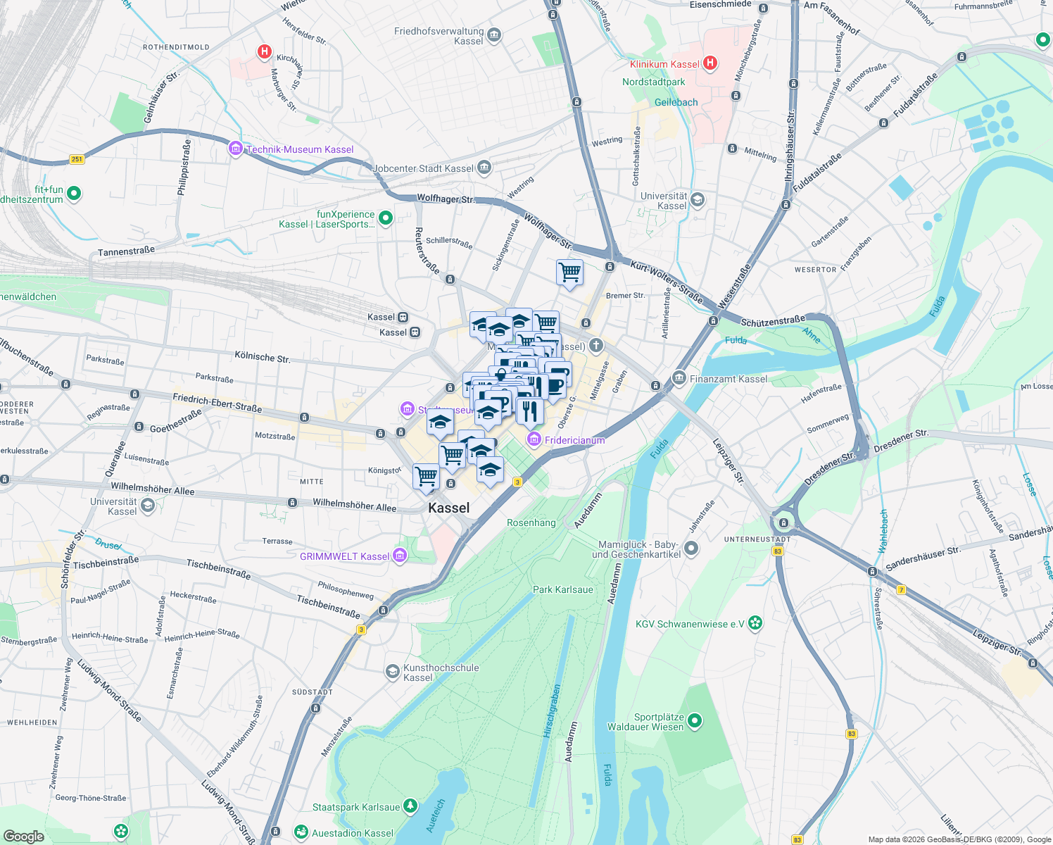 map of restaurants, bars, coffee shops, grocery stores, and more near 30 Obere Königsstraße in Kassel