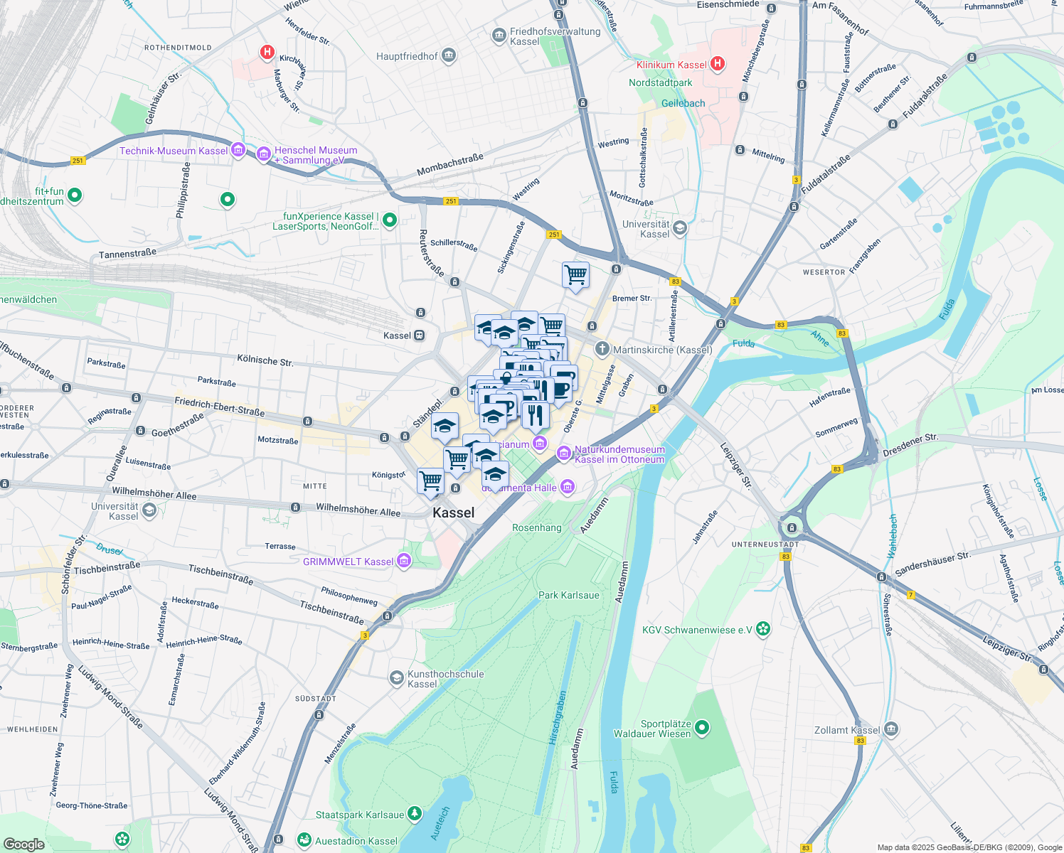 map of restaurants, bars, coffee shops, grocery stores, and more near 30 Obere Königsstraße in Kassel