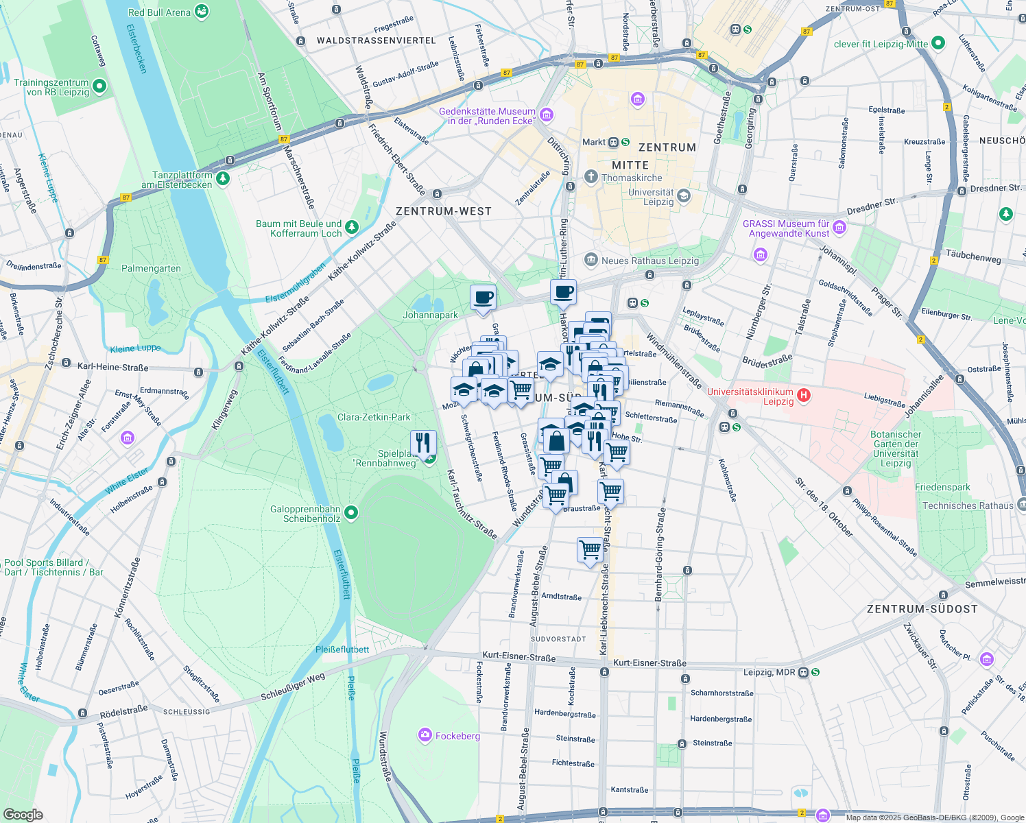 map of restaurants, bars, coffee shops, grocery stores, and more near 20 Grassistraße in Leipzig