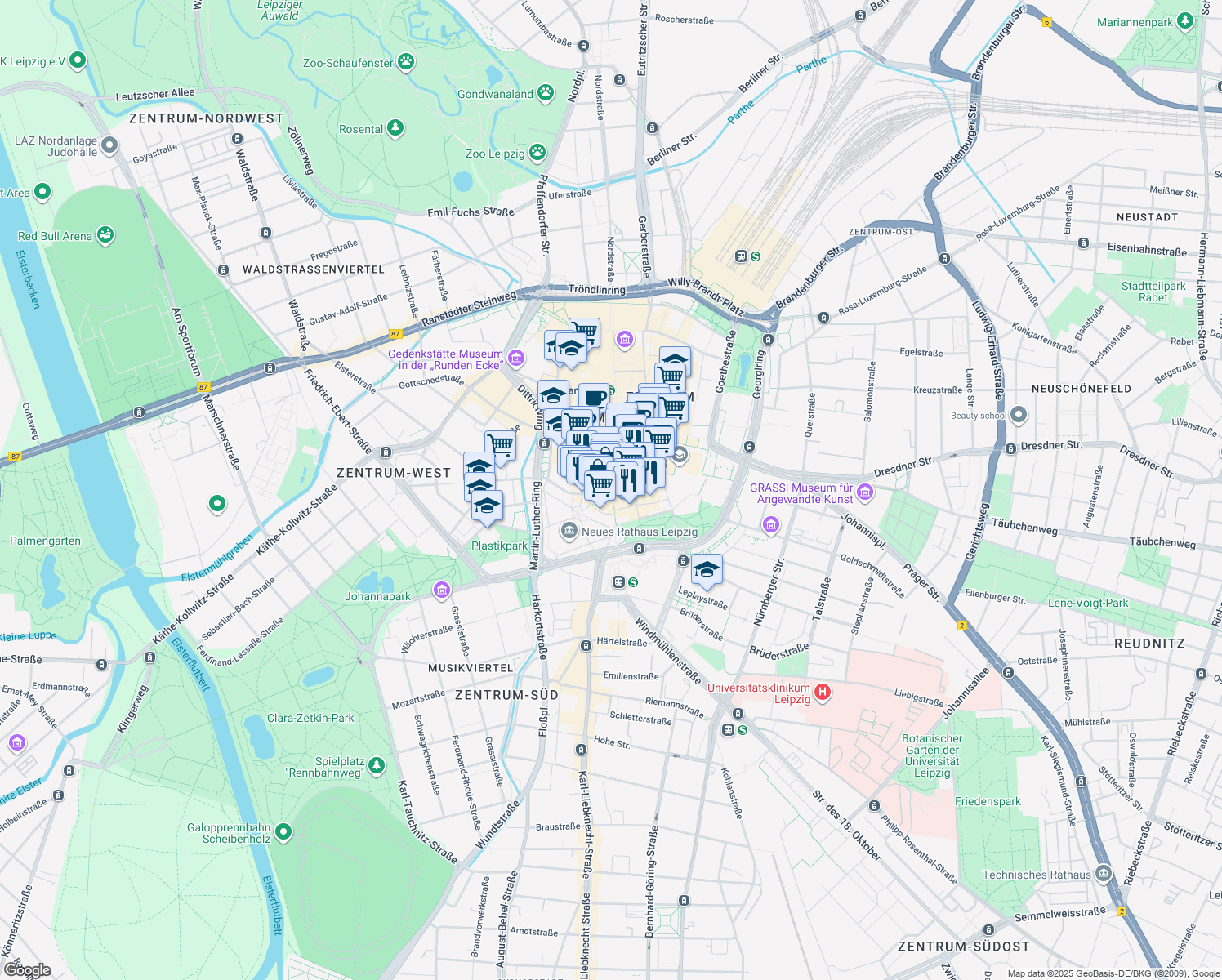 map of restaurants, bars, coffee shops, grocery stores, and more near 37 Petersstraße in Leipzig