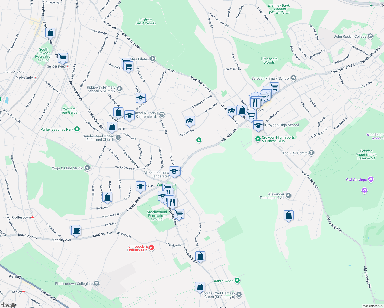 map of restaurants, bars, coffee shops, grocery stores, and more near 51 Addington Road in Greater London