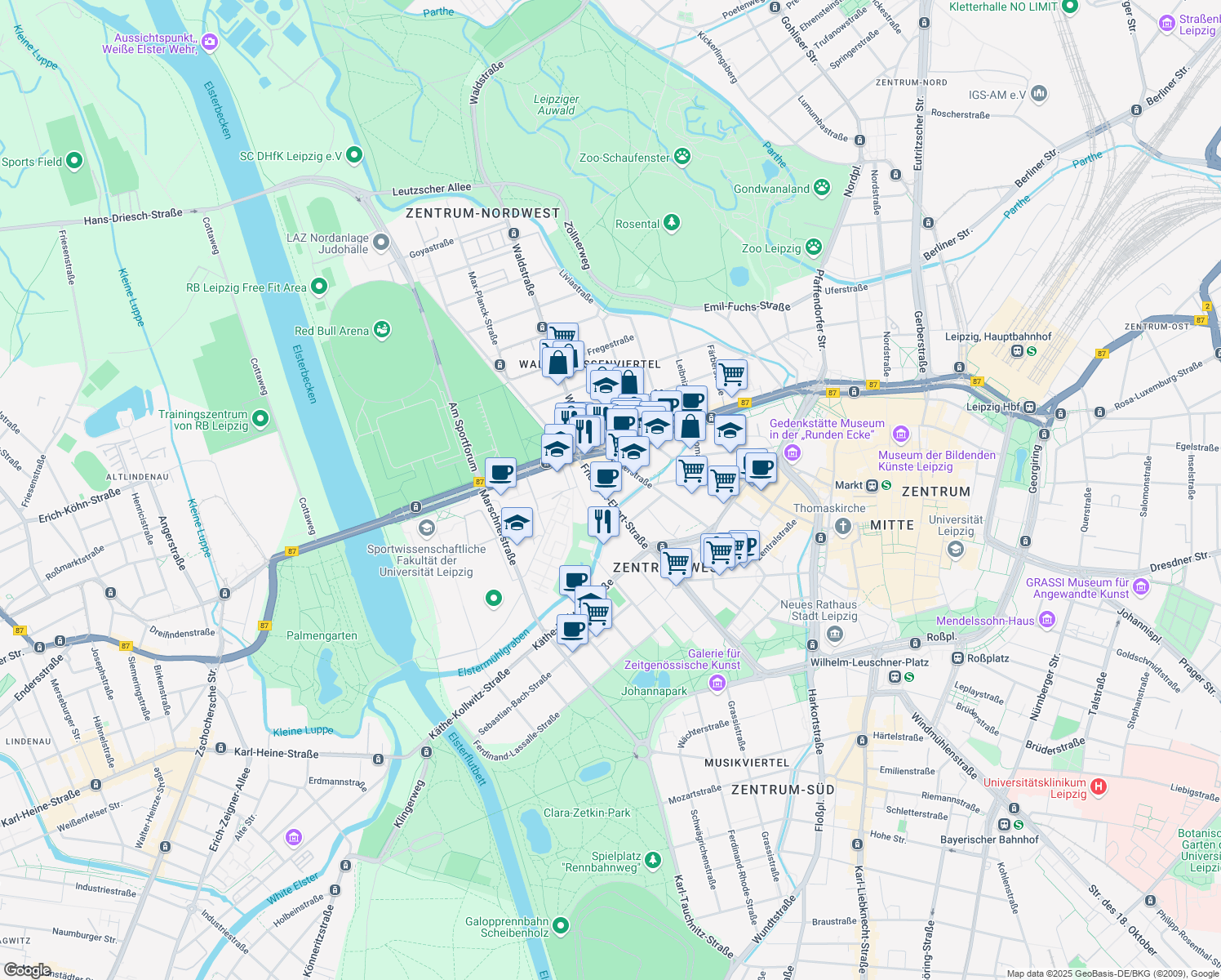 map of restaurants, bars, coffee shops, grocery stores, and more near 72 Friedrich-Ebert-Straße in Leipzig