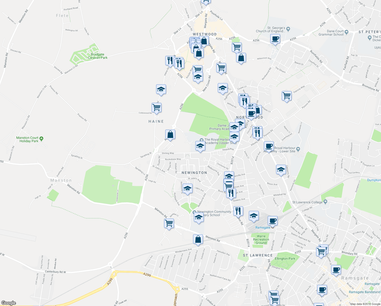 map of restaurants, bars, coffee shops, grocery stores, and more near in Ramsgate