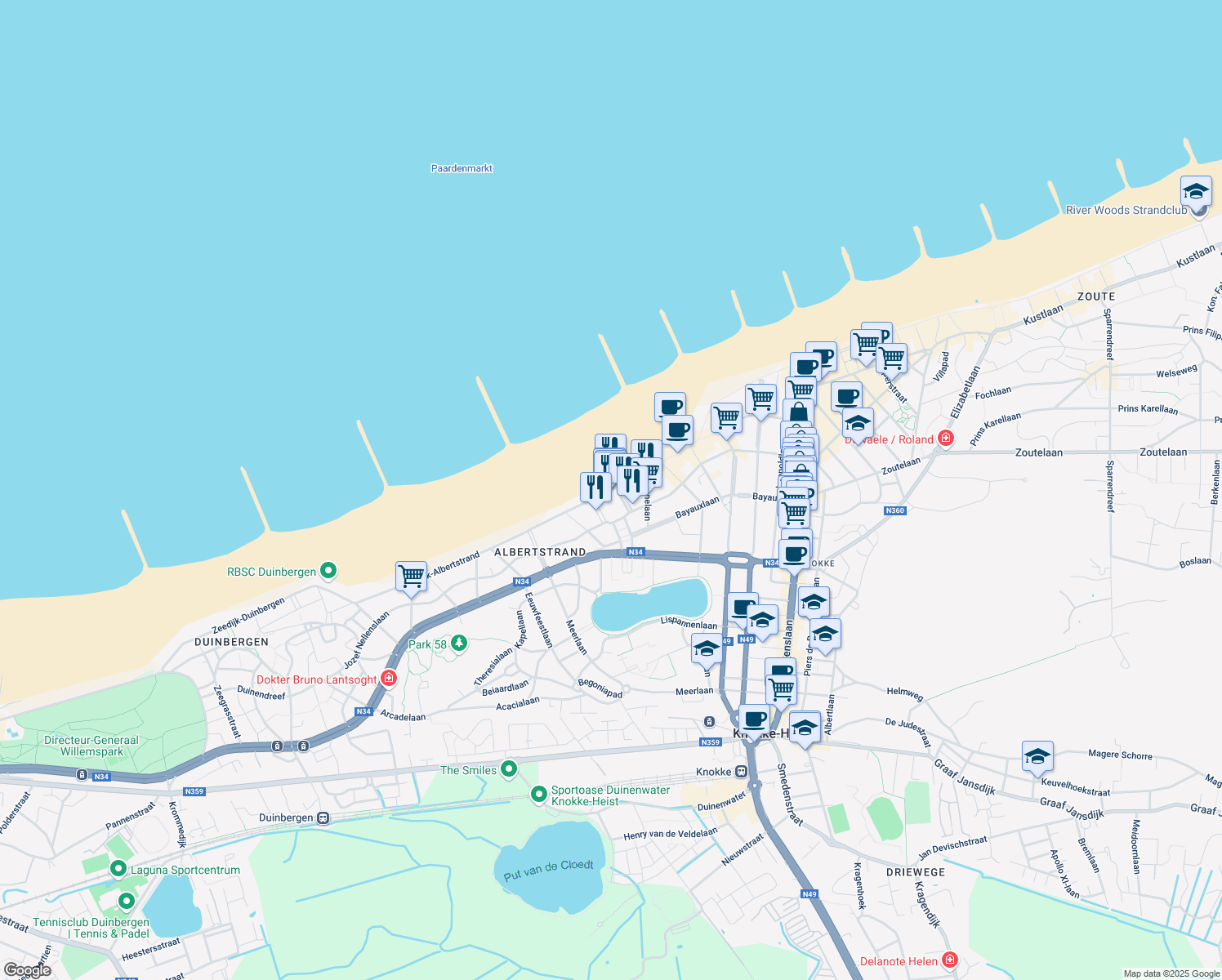 map of restaurants, bars, coffee shops, grocery stores, and more near 583 Zeedijk-Albertstrand in Knokke-Heist