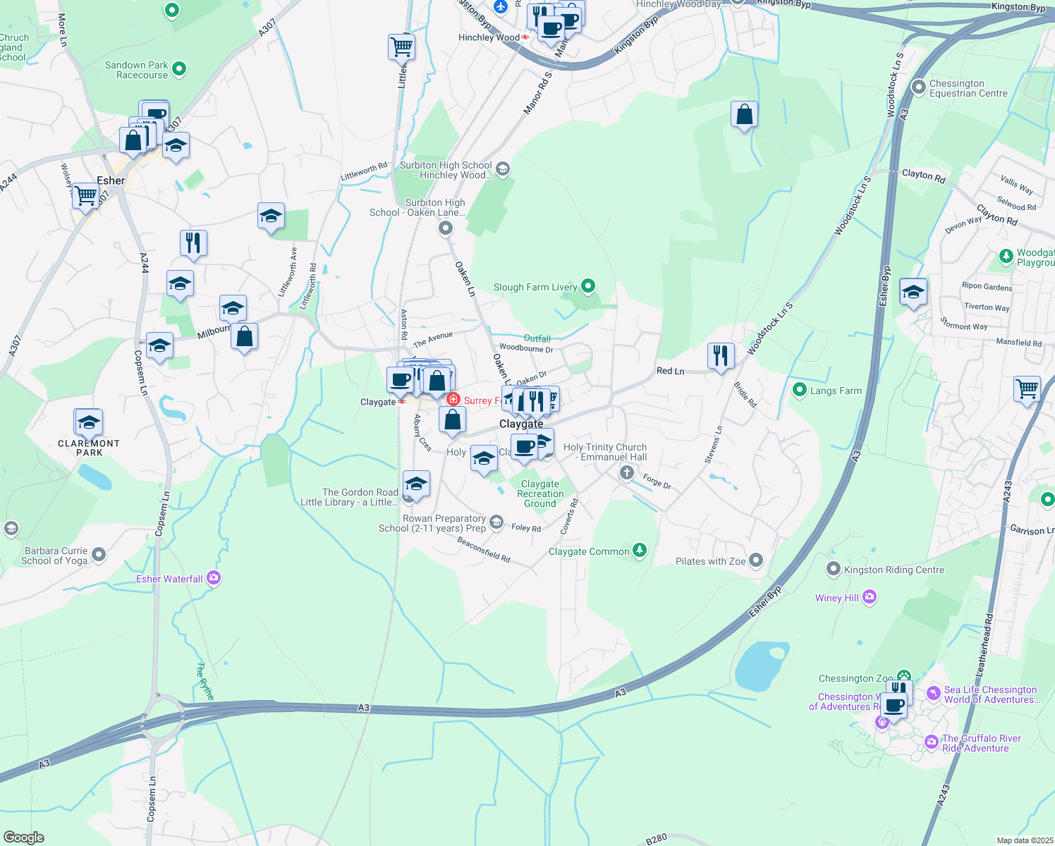 map of restaurants, bars, coffee shops, grocery stores, and more near  in Claygate