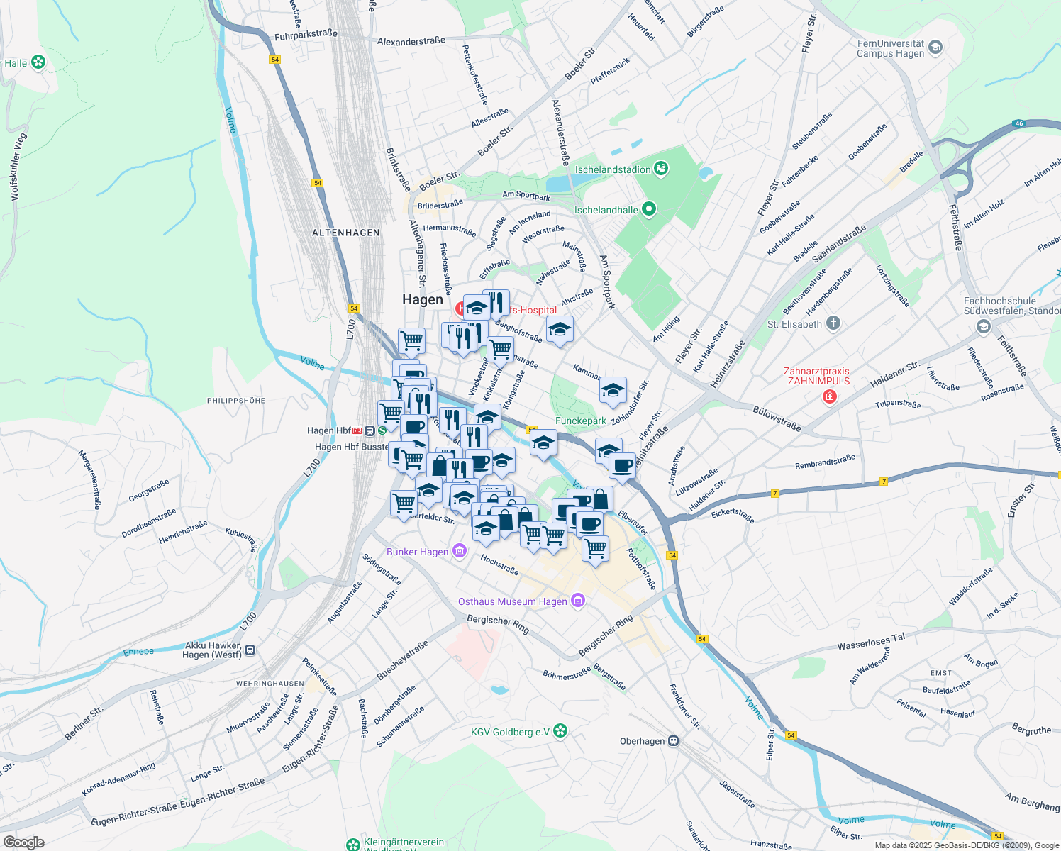 map of restaurants, bars, coffee shops, grocery stores, and more near 45 Märkischer Ring in Hagen