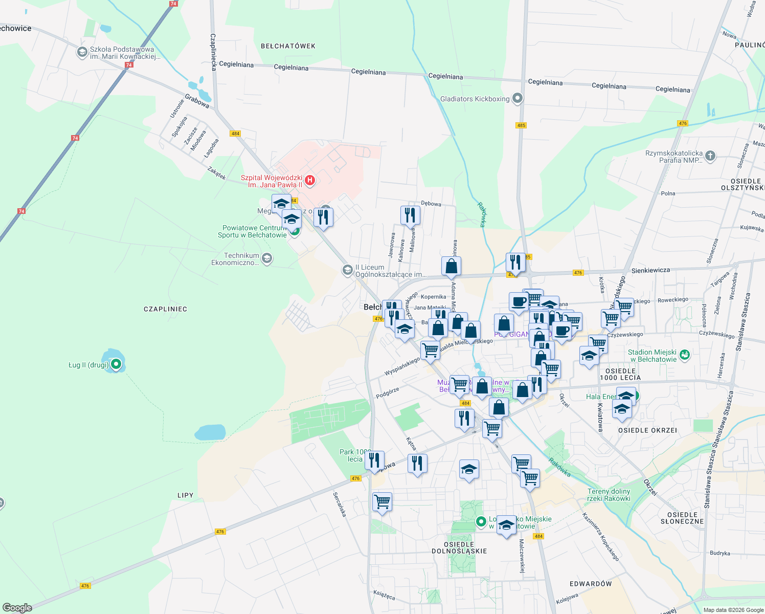 map of restaurants, bars, coffee shops, grocery stores, and more near in Belchatow