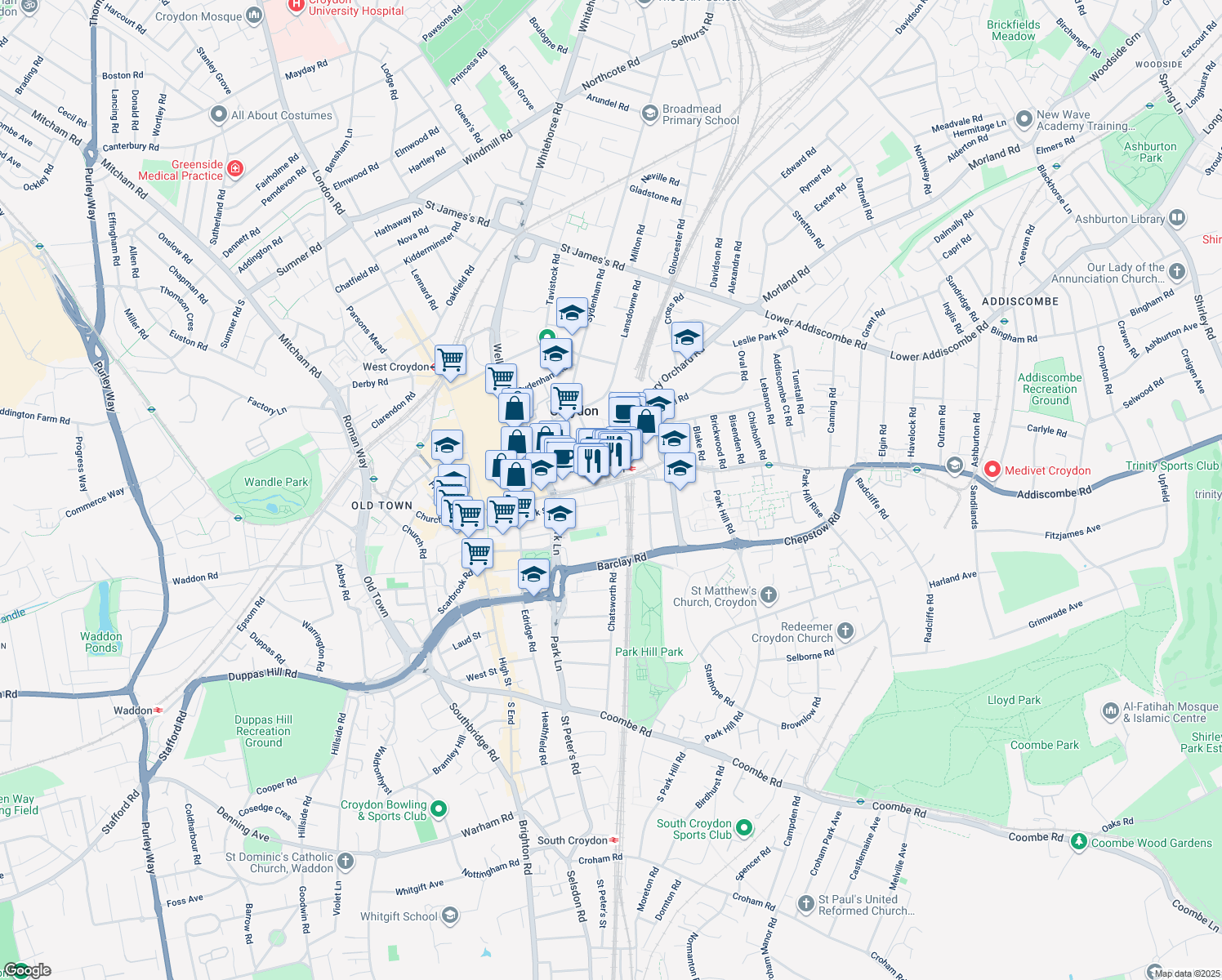 map of restaurants, bars, coffee shops, grocery stores, and more near 100 George Street in Greater London