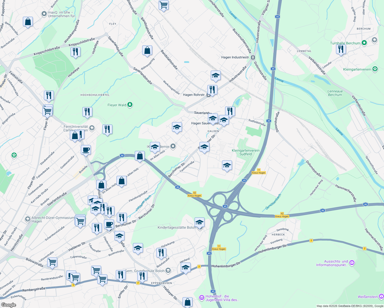 map of restaurants, bars, coffee shops, grocery stores, and more near 55 Berchumer Straße in Hagen