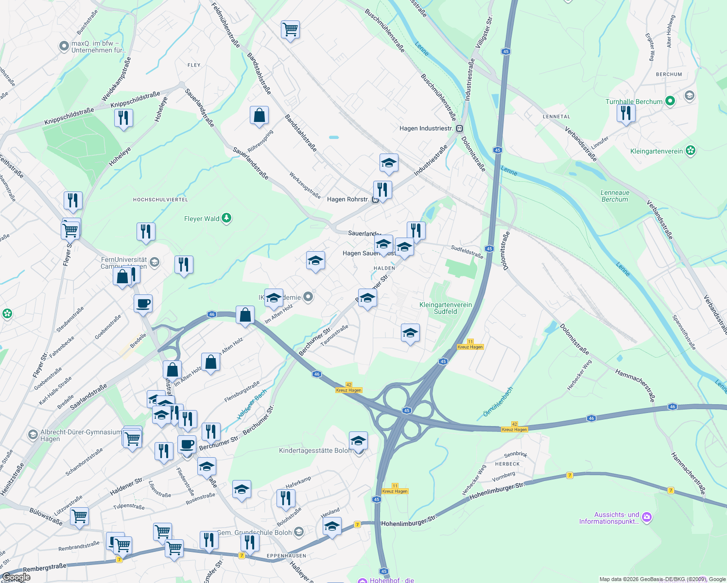 map of restaurants, bars, coffee shops, grocery stores, and more near 55 Berchumer Straße in Hagen