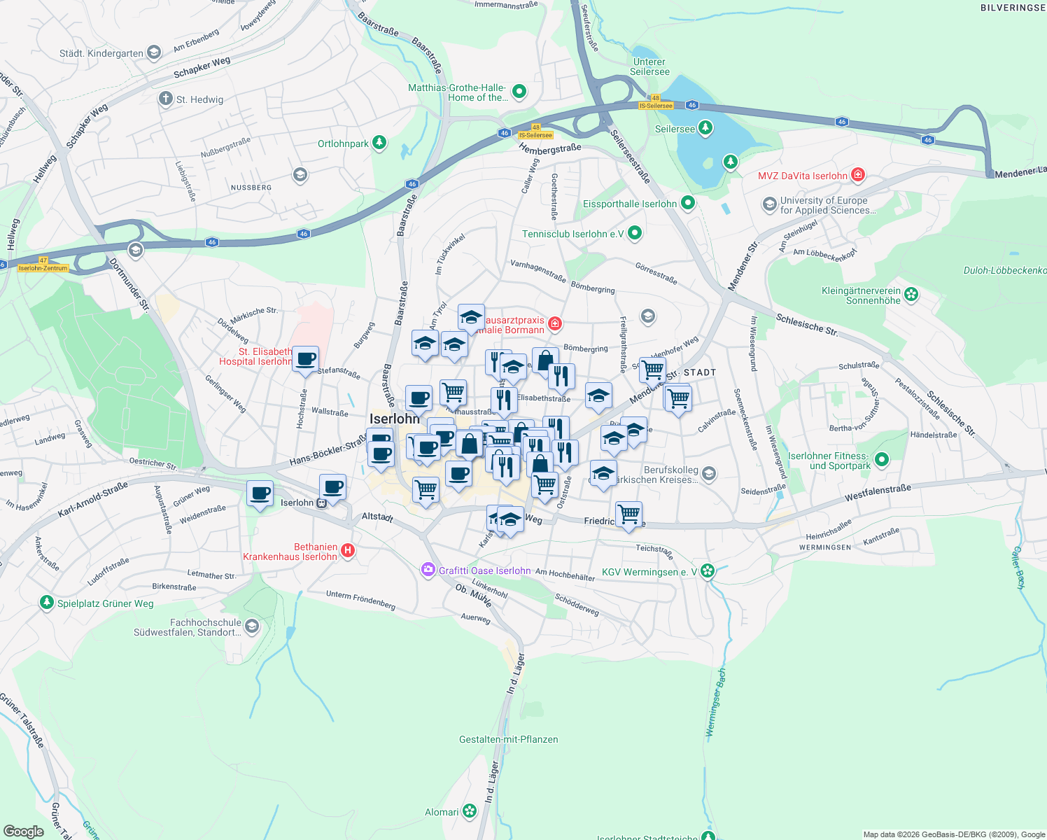map of restaurants, bars, coffee shops, grocery stores, and more near 13 Am Tiefbau in Iserlohn