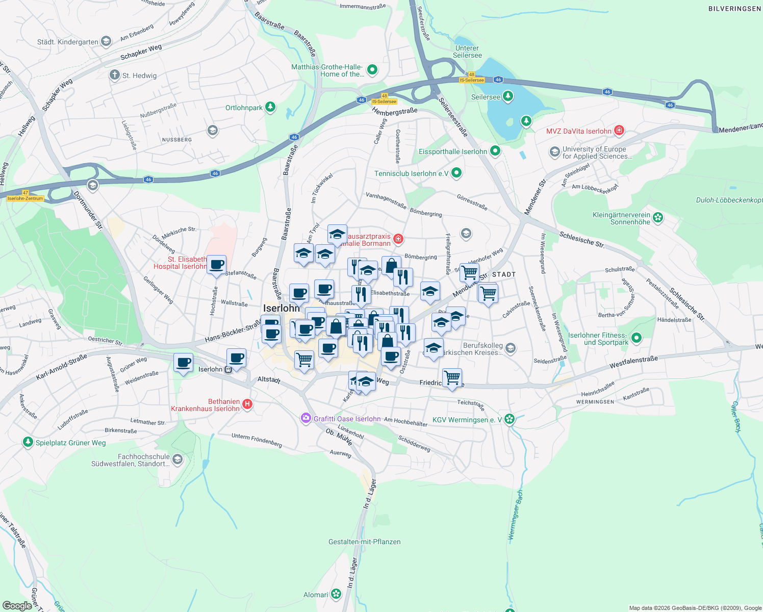 map of restaurants, bars, coffee shops, grocery stores, and more near 13 Am Tiefbau in Iserlohn