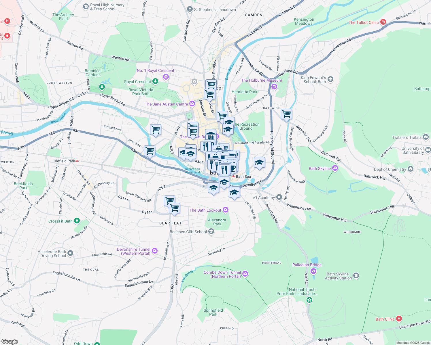map of restaurants, bars, coffee shops, grocery stores, and more near in Bath