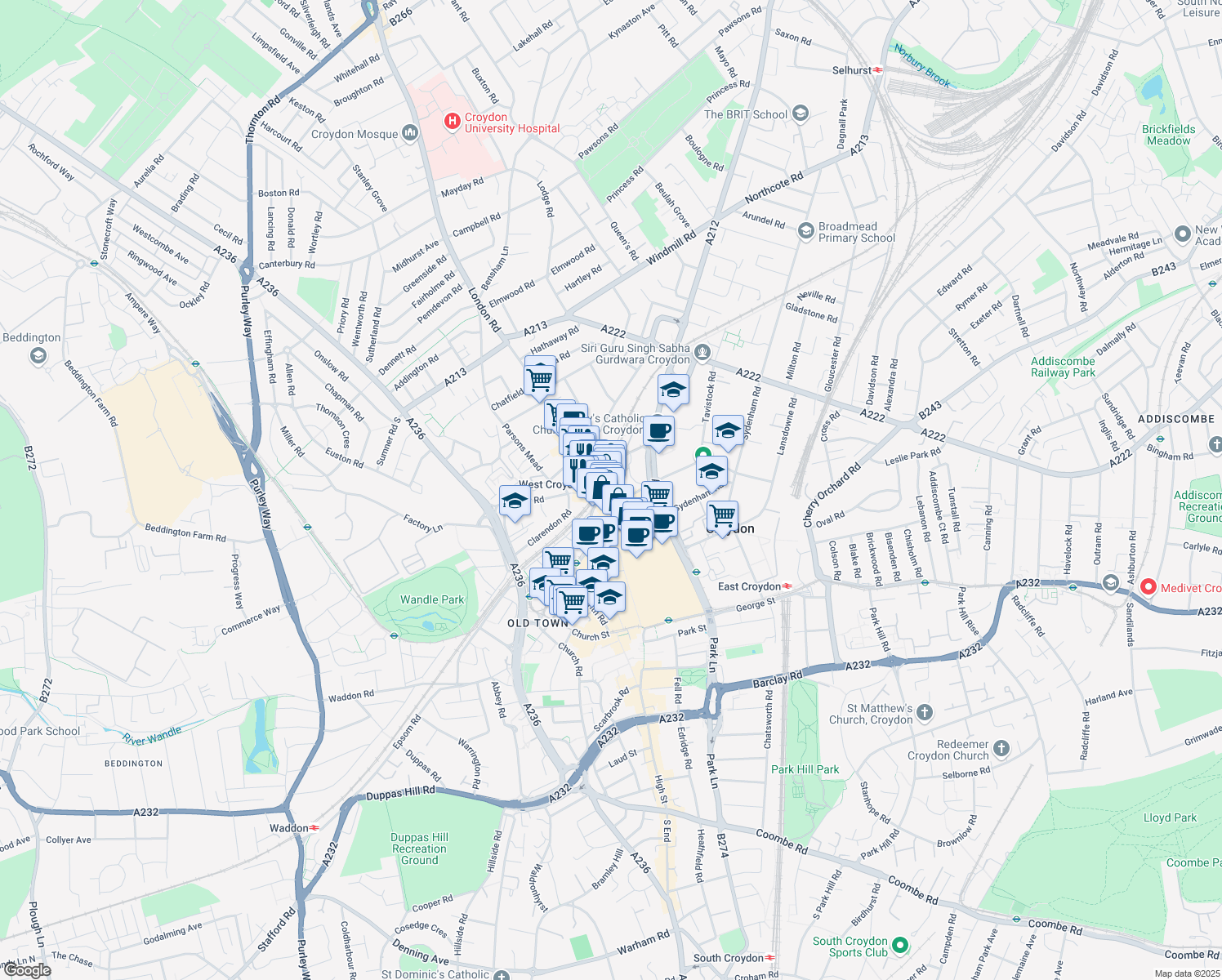 map of restaurants, bars, coffee shops, grocery stores, and more near in Greater London