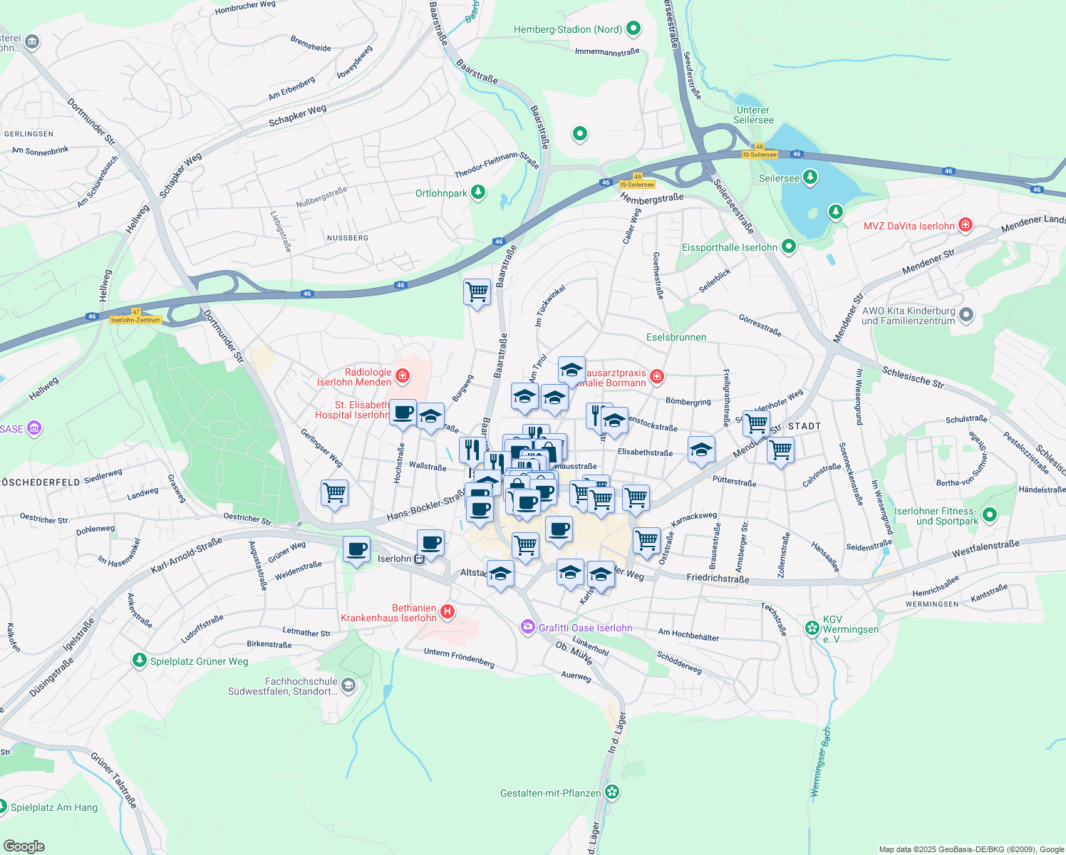 map of restaurants, bars, coffee shops, grocery stores, and more near 3 Stennerstraße in Iserlohn