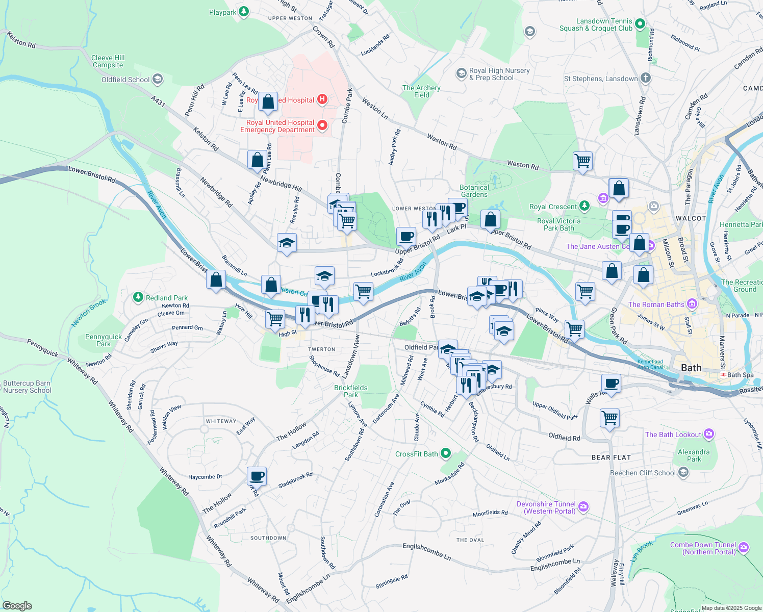 map of restaurants, bars, coffee shops, grocery stores, and more near Lower Bristol Rd in Bath