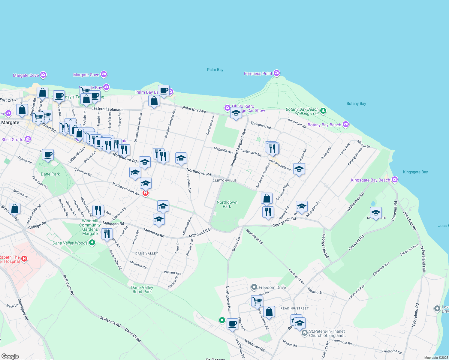 map of restaurants, bars, coffee shops, grocery stores, and more near Albion Road in Kent