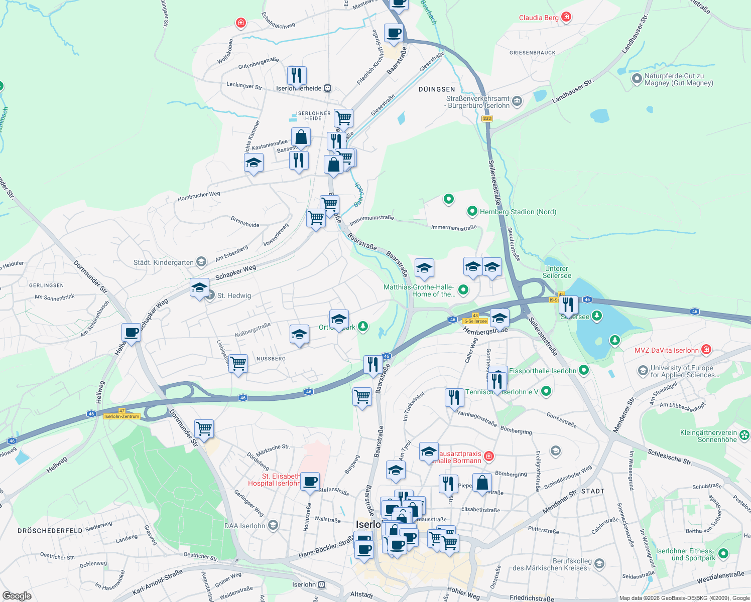 map of restaurants, bars, coffee shops, grocery stores, and more near 1 Ohlauer Straße in Iserlohn