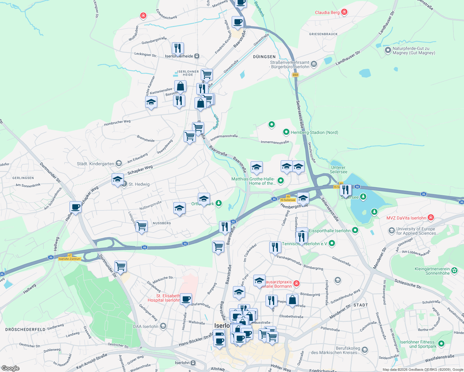 map of restaurants, bars, coffee shops, grocery stores, and more near 1 Ohlauer Straße in Iserlohn