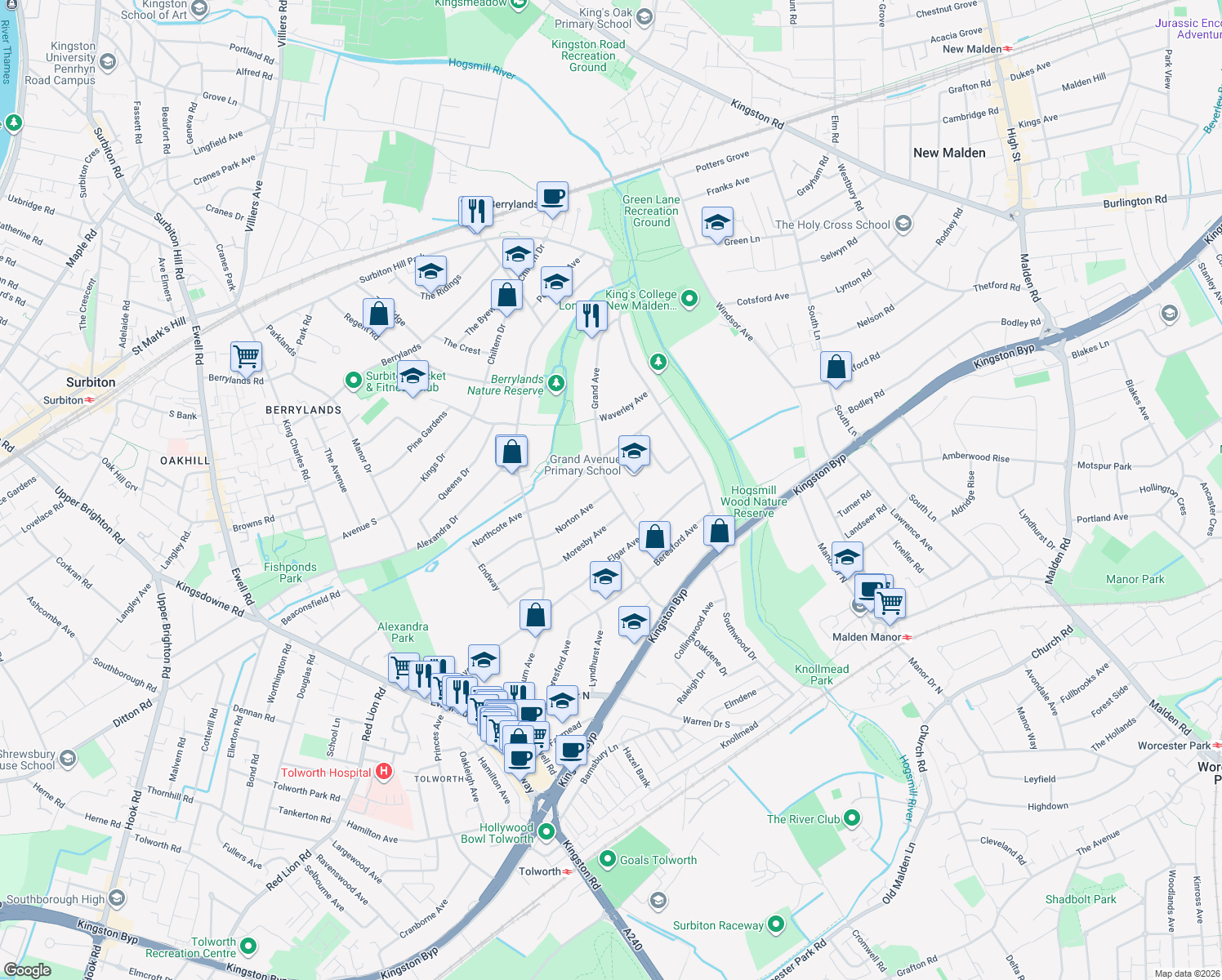 map of restaurants, bars, coffee shops, grocery stores, and more near 25 Grand Avenue in Greater London