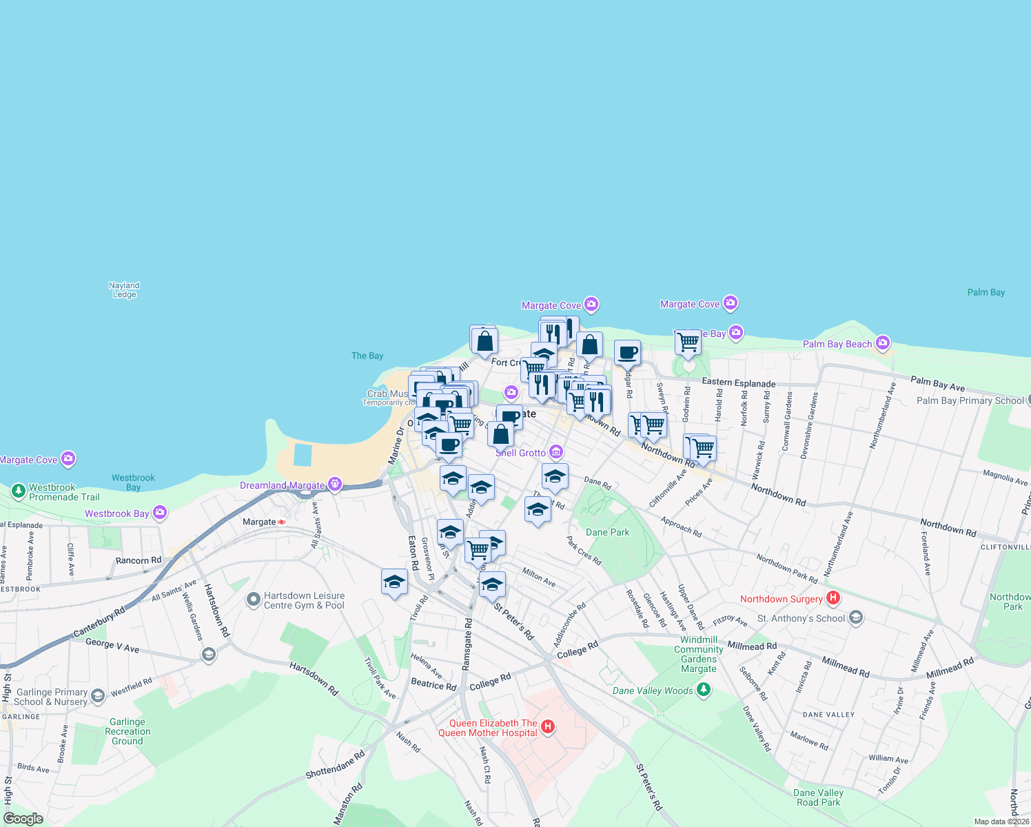 map of restaurants, bars, coffee shops, grocery stores, and more near in Margate