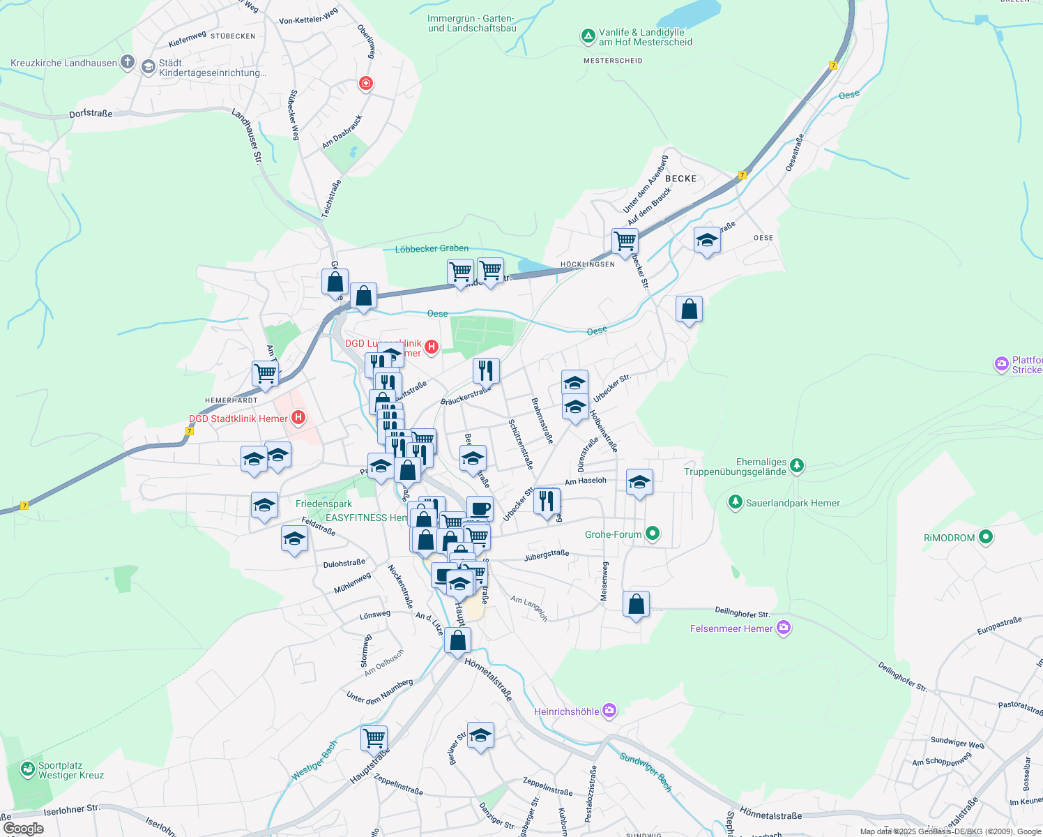 map of restaurants, bars, coffee shops, grocery stores, and more near 4 Am Hammerscheid in Hemer