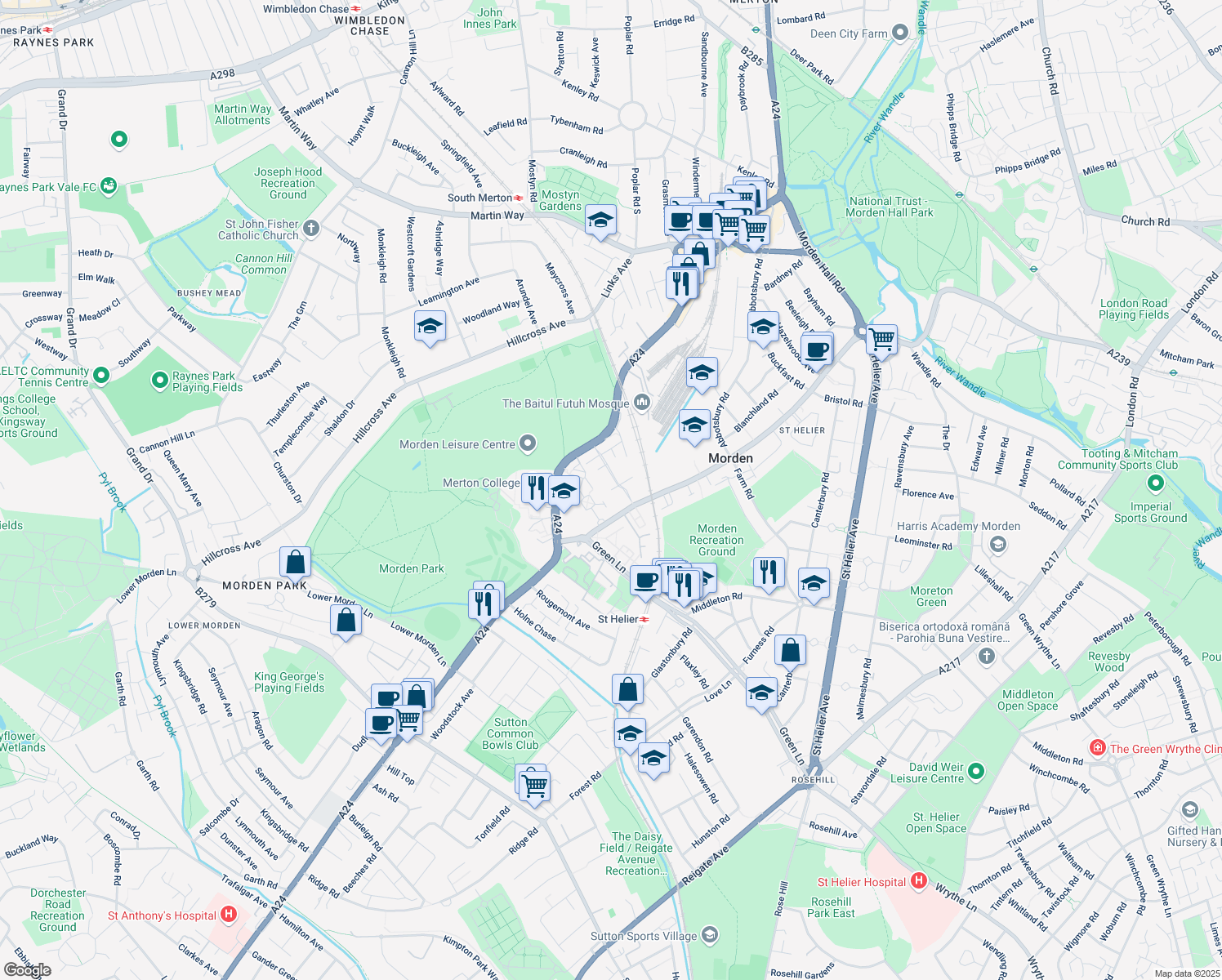 map of restaurants, bars, coffee shops, grocery stores, and more near 23 Ashley Avenue in Greater London