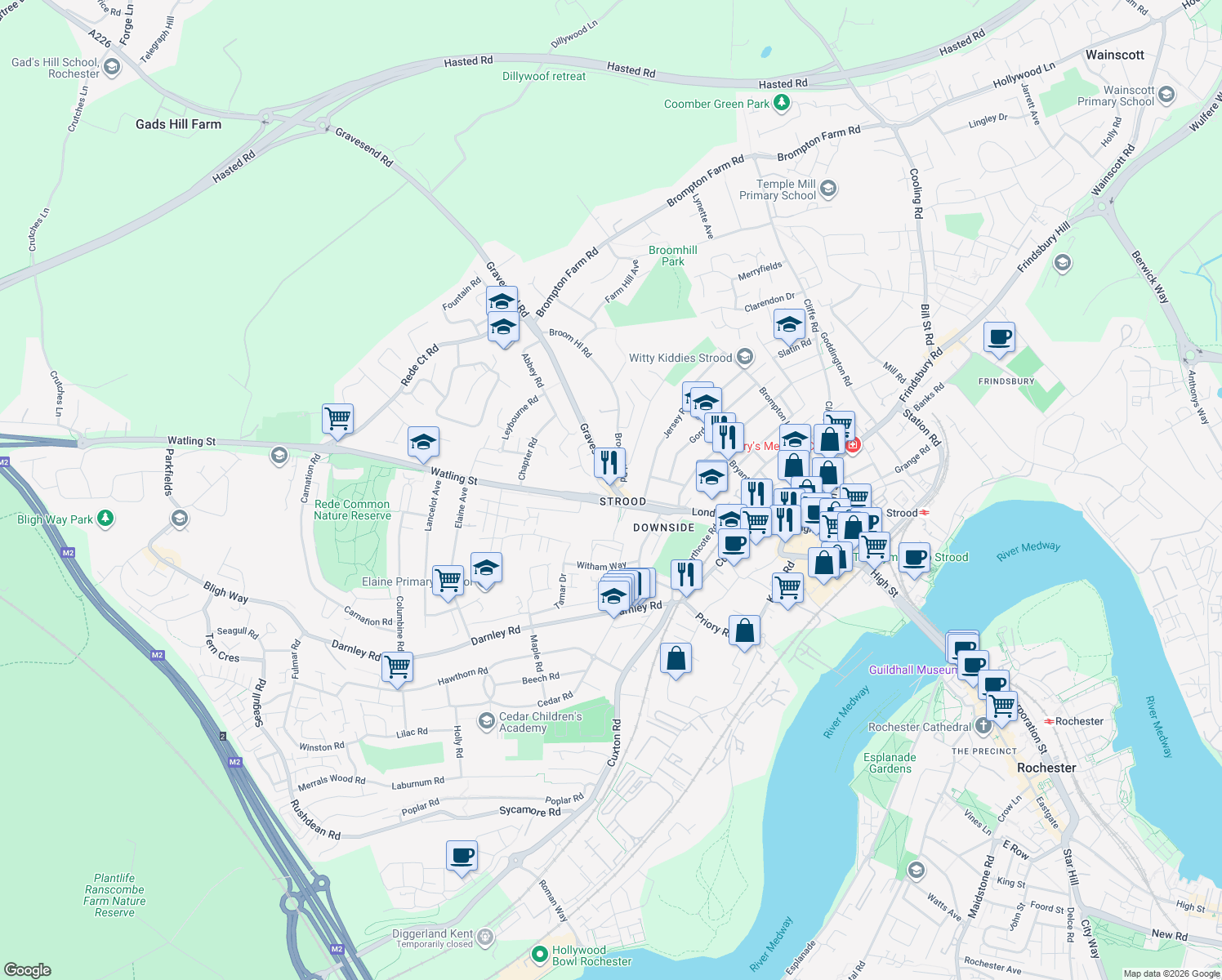 map of restaurants, bars, coffee shops, grocery stores, and more near 9 Gravesend Road in Medway