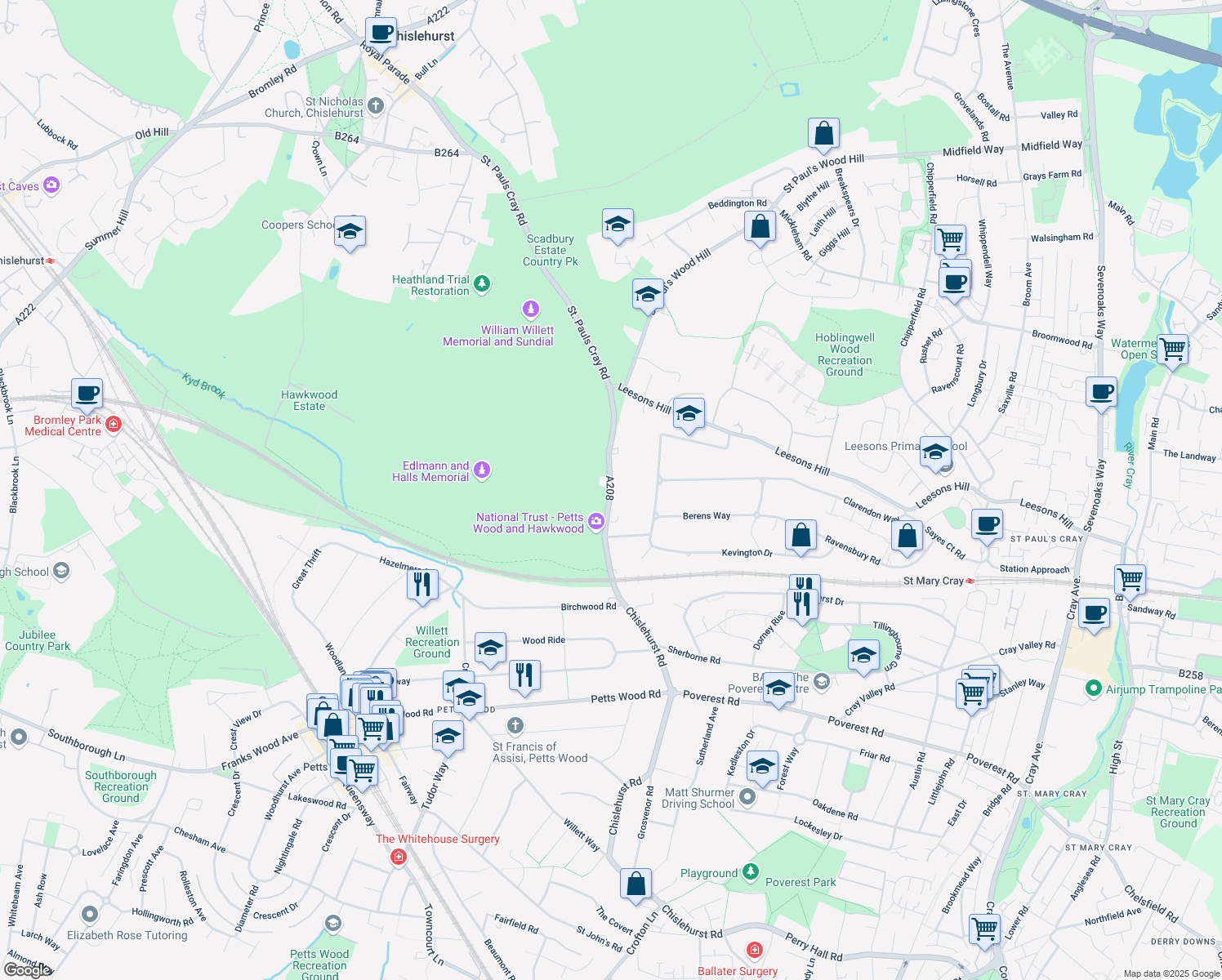 map of restaurants, bars, coffee shops, grocery stores, and more near Orpington Road in Orpington