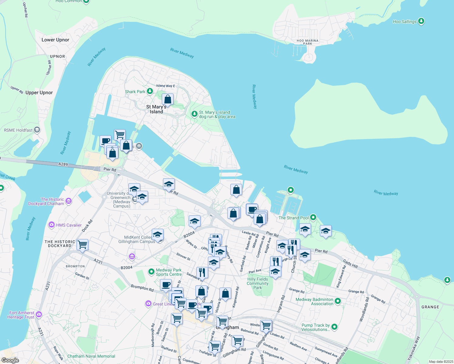 map of restaurants, bars, coffee shops, grocery stores, and more near 1 North Lockside Road in Gillingham