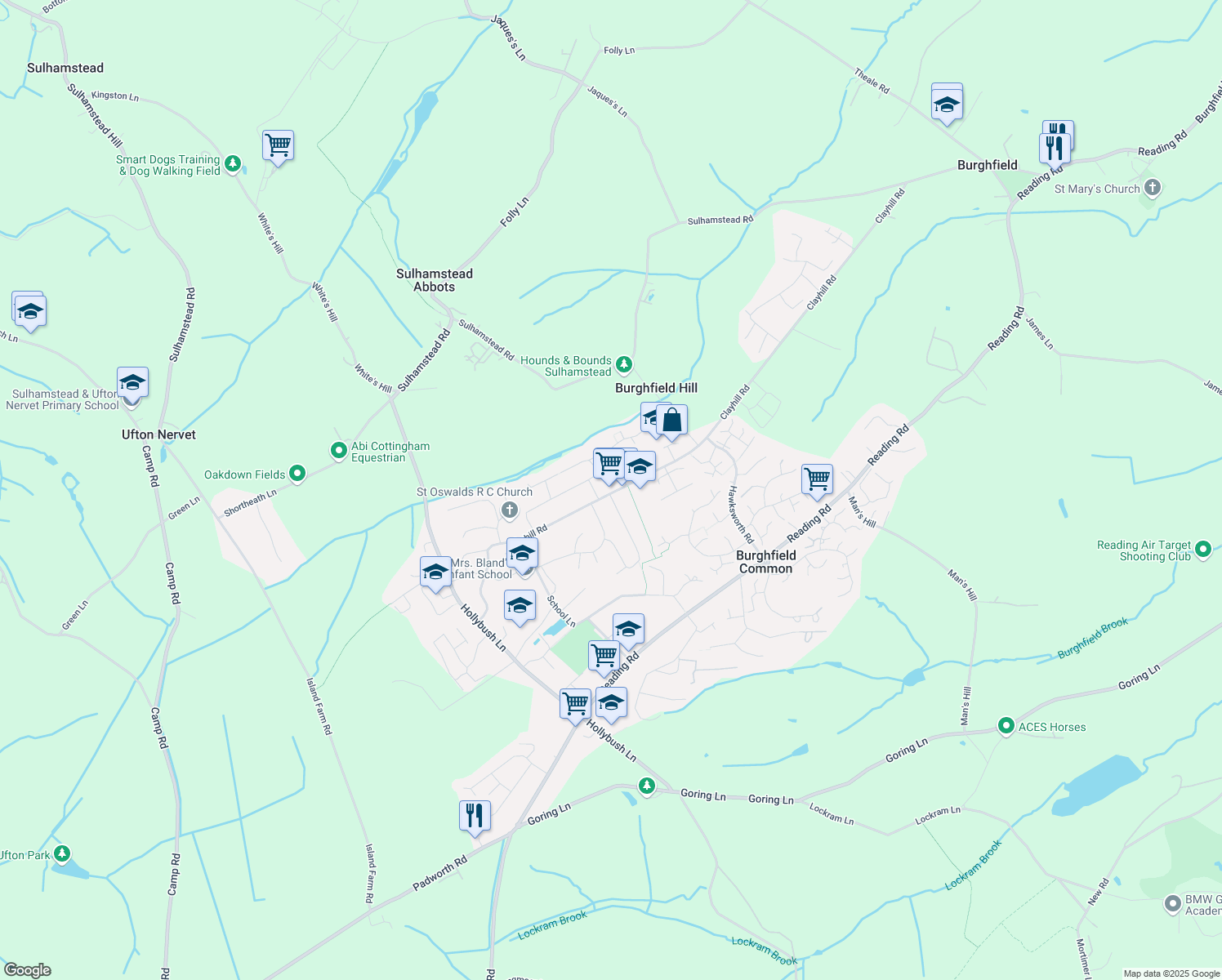 map of restaurants, bars, coffee shops, grocery stores, and more near  in Burghfield Common