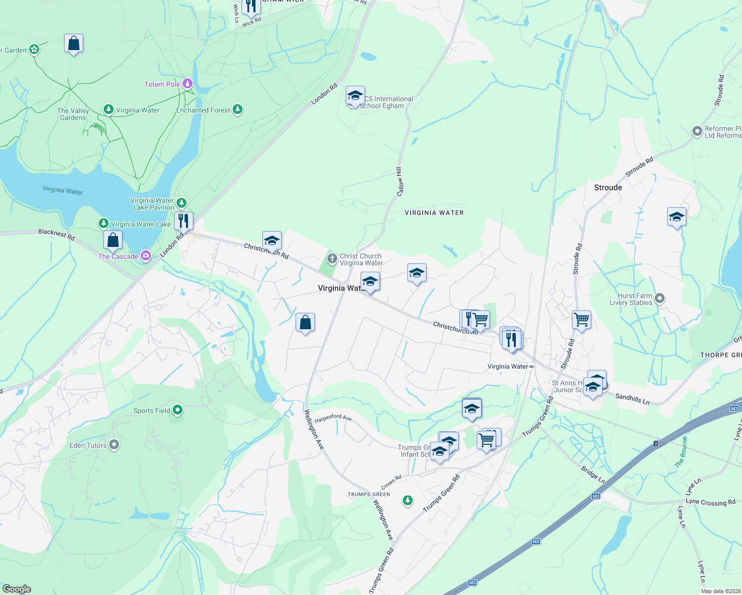 map of restaurants, bars, coffee shops, grocery stores, and more near in Virginia Water