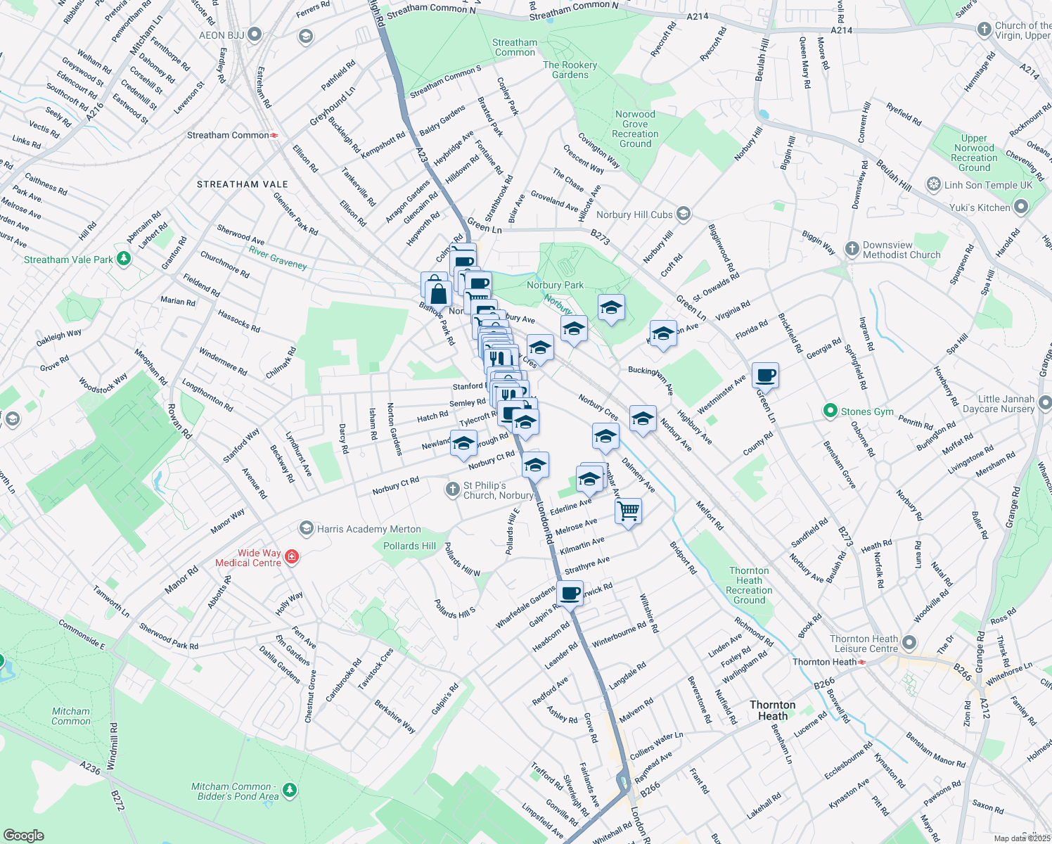 map of restaurants, bars, coffee shops, grocery stores, and more near London Road in Greater London