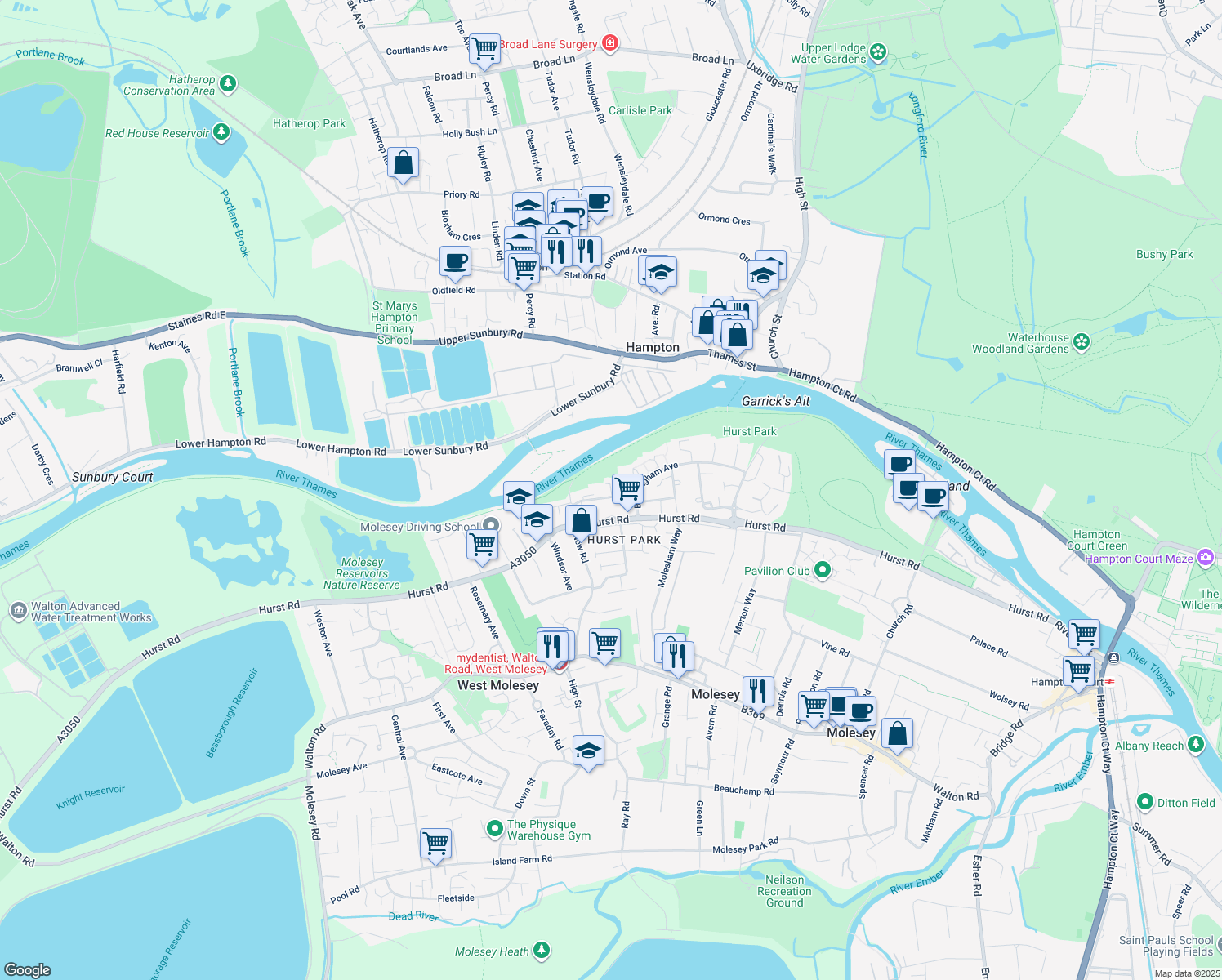 map of restaurants, bars, coffee shops, grocery stores, and more near Victoria Avenue in Surrey