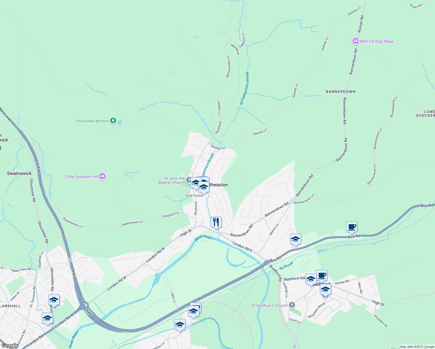 map of restaurants, bars, coffee shops, grocery stores, and more near 102 Catherine Way in Batheaston