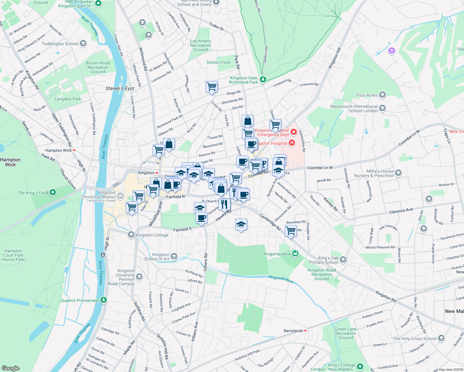map of restaurants, bars, coffee shops, grocery stores, and more near London Road in Greater London