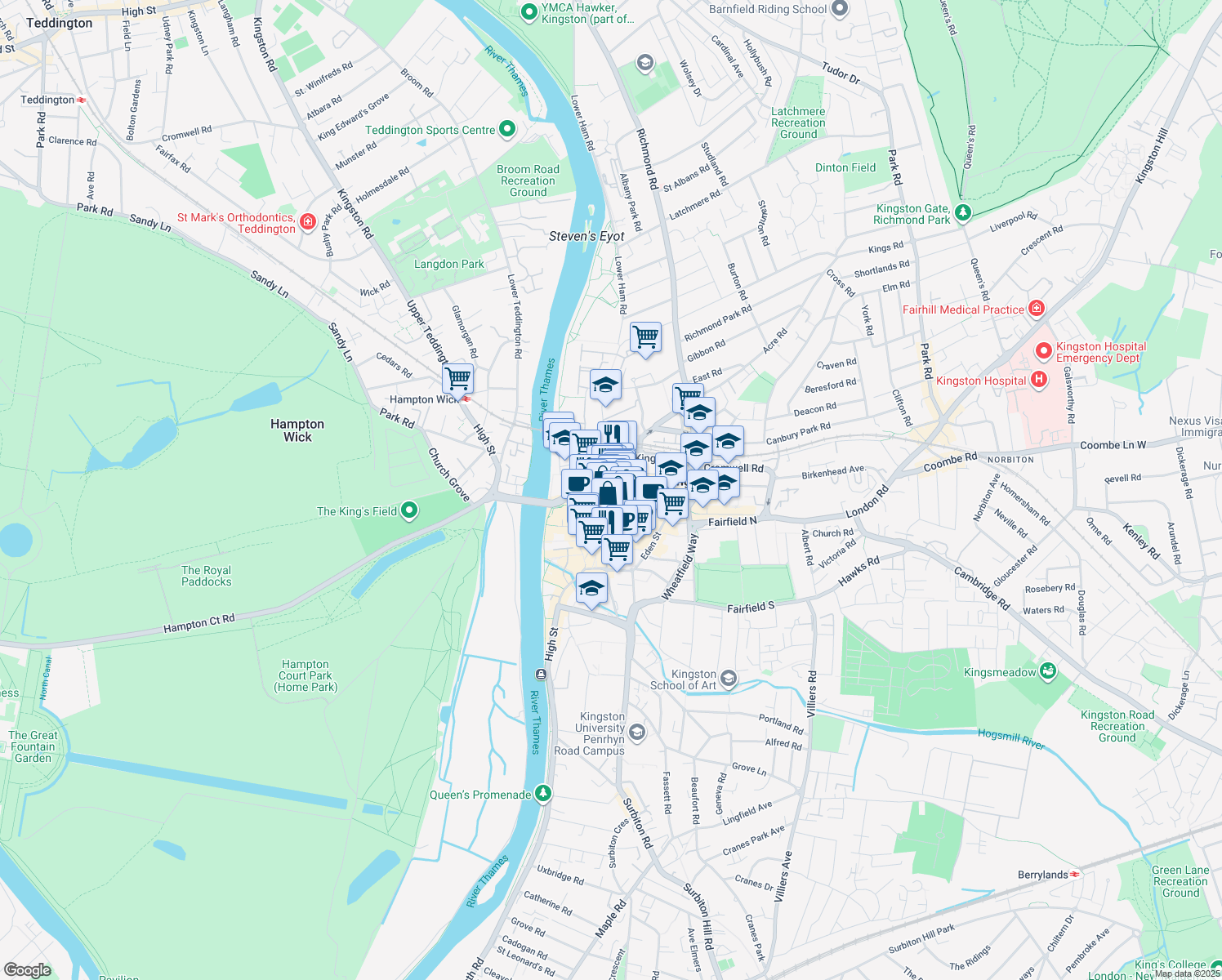 map of restaurants, bars, coffee shops, grocery stores, and more near in Kingston upon Thames