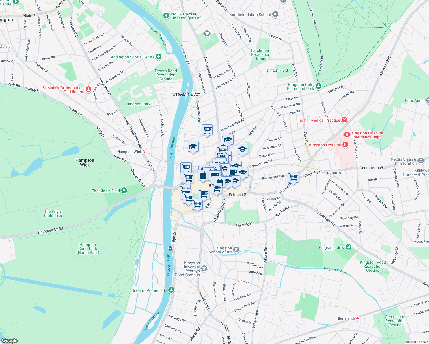 map of restaurants, bars, coffee shops, grocery stores, and more near Wood Street in Greater London