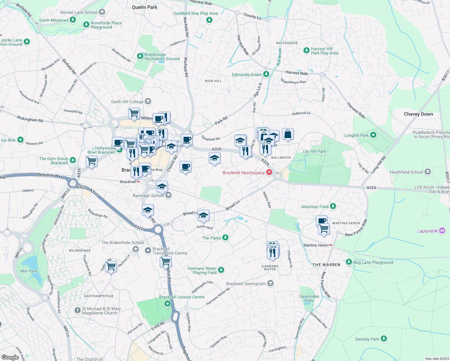 map of restaurants, bars, coffee shops, grocery stores, and more near 9 Sterling Centre in Berkshire