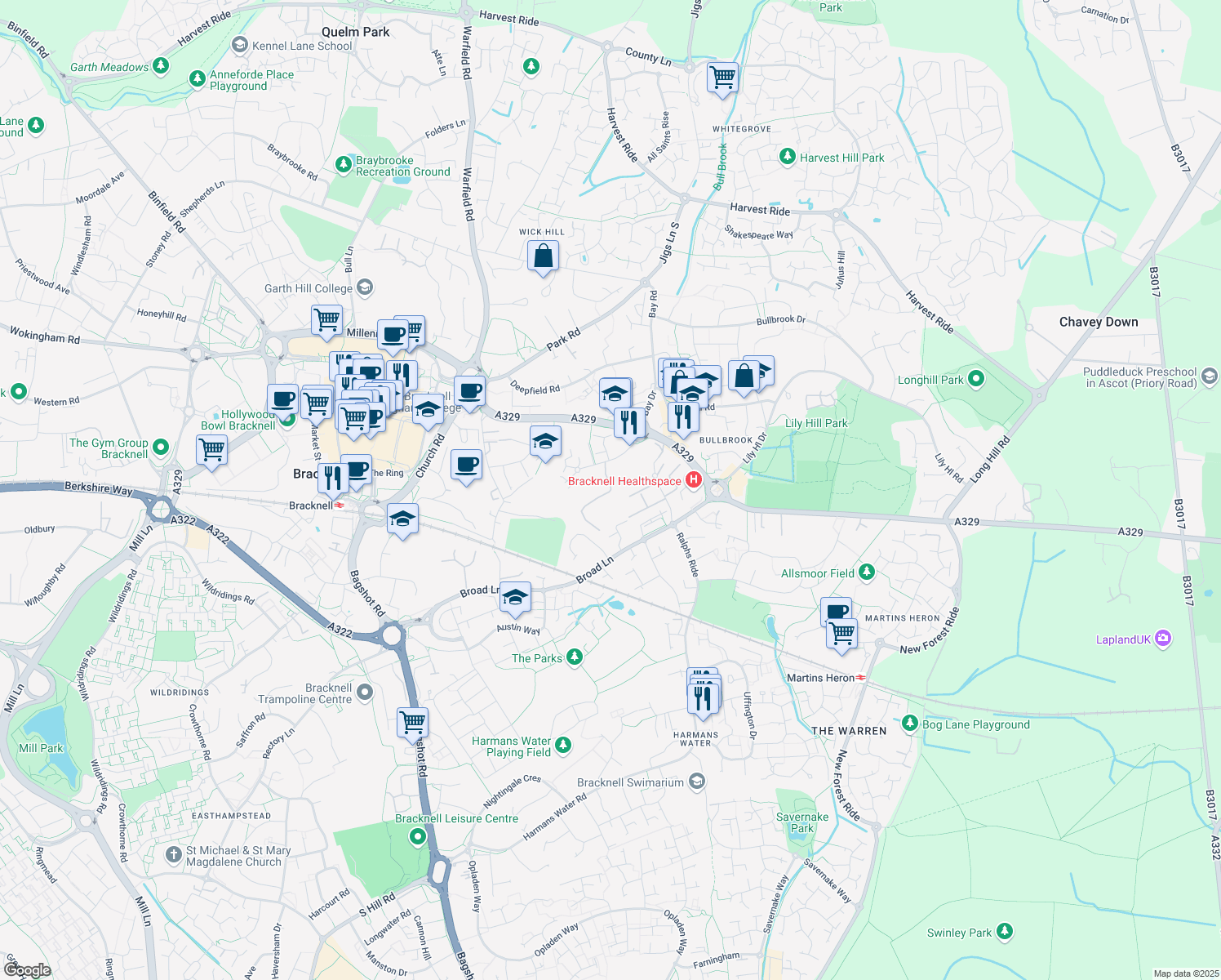 map of restaurants, bars, coffee shops, grocery stores, and more near 9 Sterling Centre in Berkshire