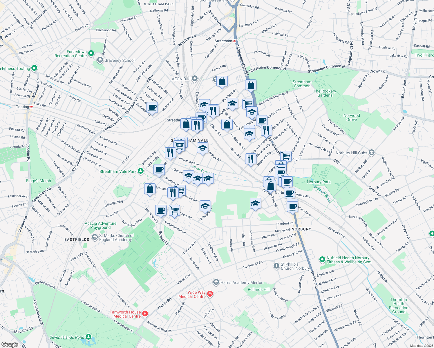 map of restaurants, bars, coffee shops, grocery stores, and more near Hawkhurst Road in Greater London