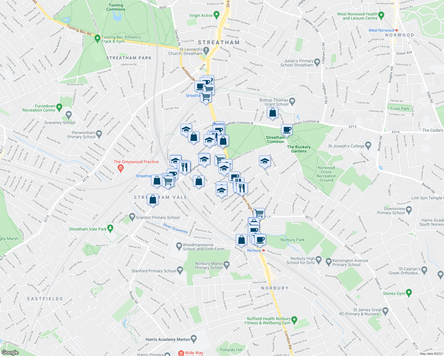 map of restaurants, bars, coffee shops, grocery stores, and more near in London